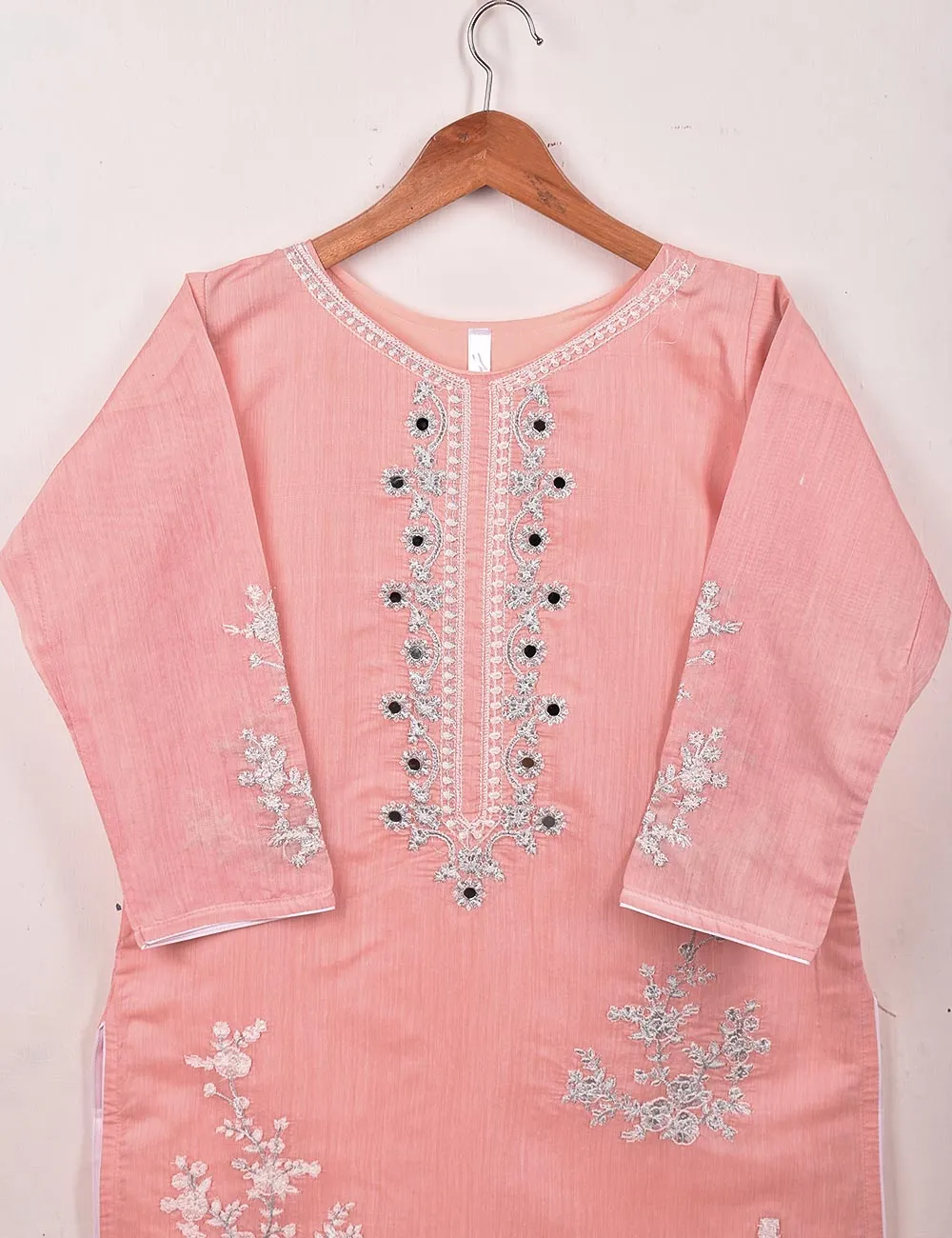 Paper Cotton Embroidered Stitched Kurti With Mirror Work - Reflection (TS-062A-Pink)