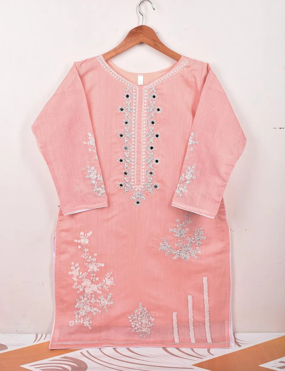 Paper Cotton Embroidered Stitched Kurti With Mirror Work - Reflection (TS-062A-Pink)