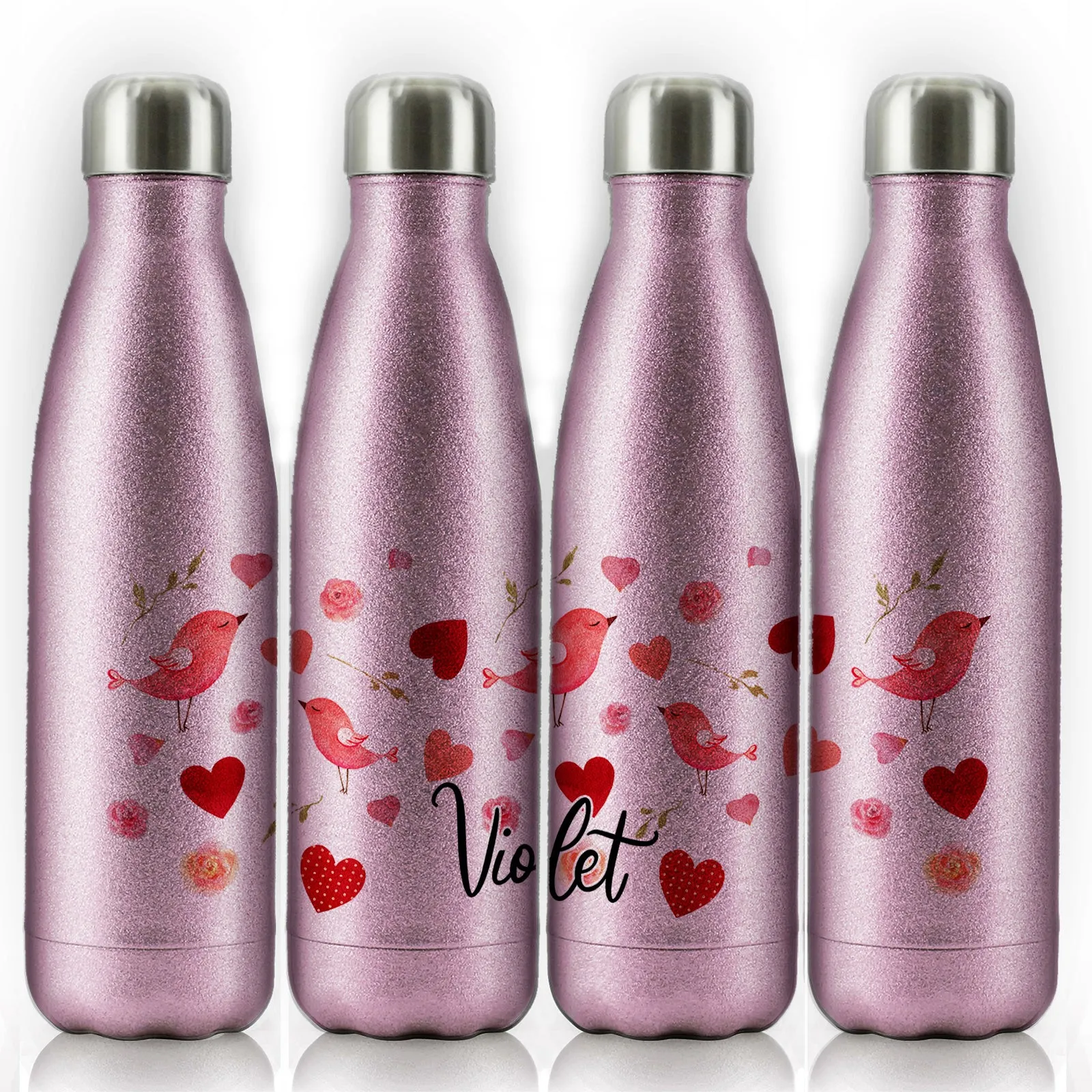 Personalised Cola Bottle with Stylish Text and Love Heart Birds Print