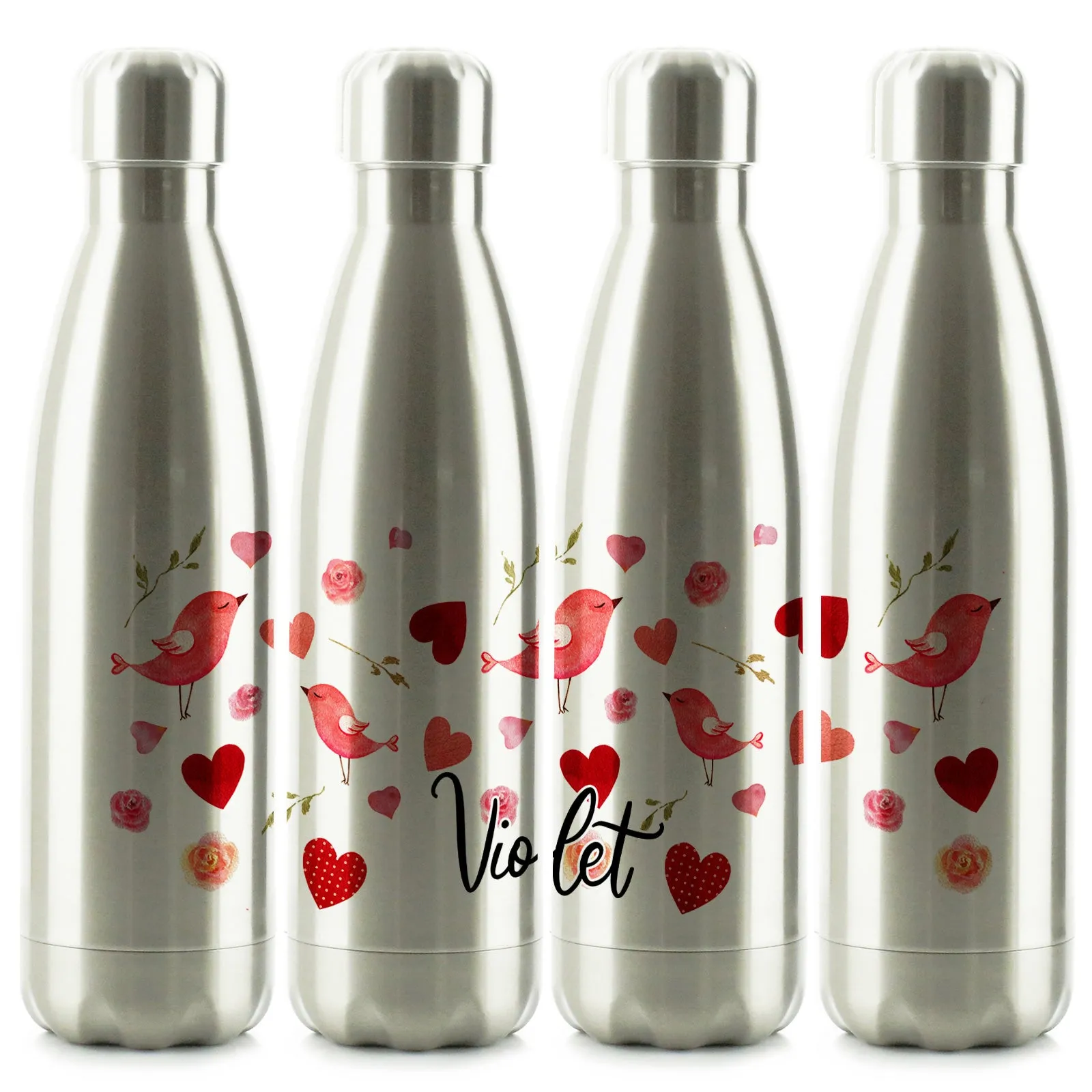 Personalised Cola Bottle with Stylish Text and Love Heart Birds Print