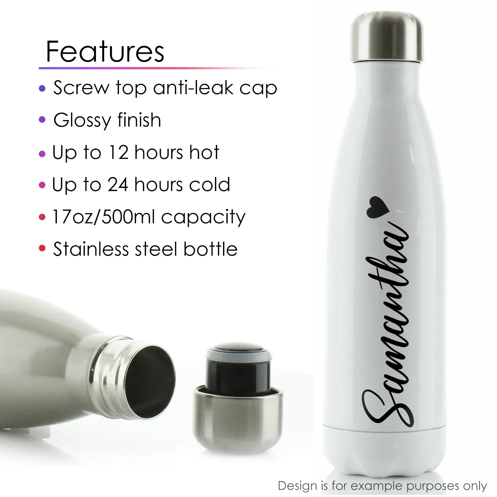 Personalised Cola Bottle with Stylish Text and Love Heart Birds Print