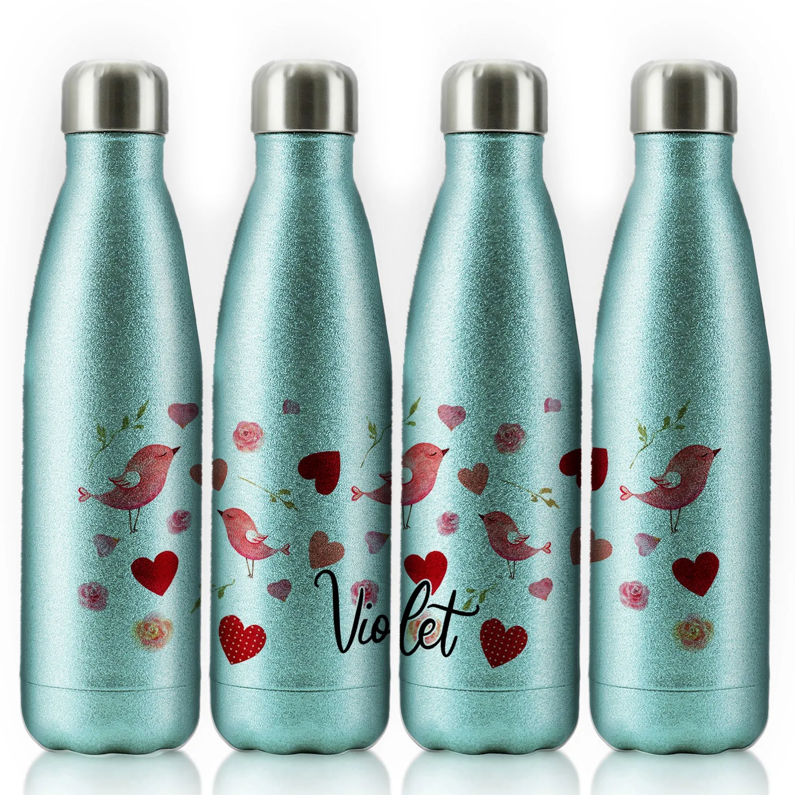 Personalised Cola Bottle with Stylish Text and Love Heart Birds Print