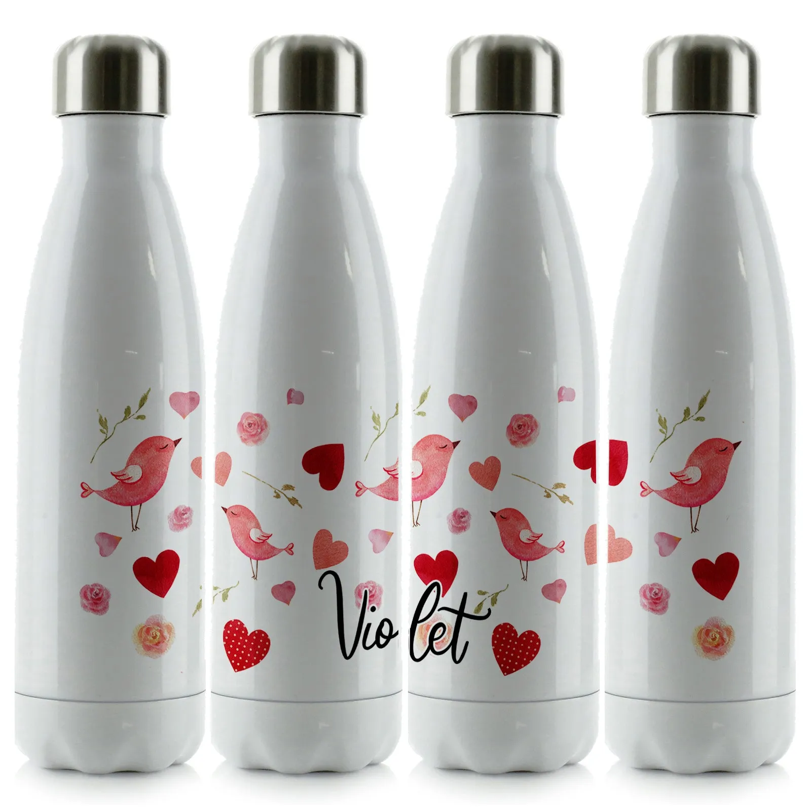 Personalised Cola Bottle with Stylish Text and Love Heart Birds Print