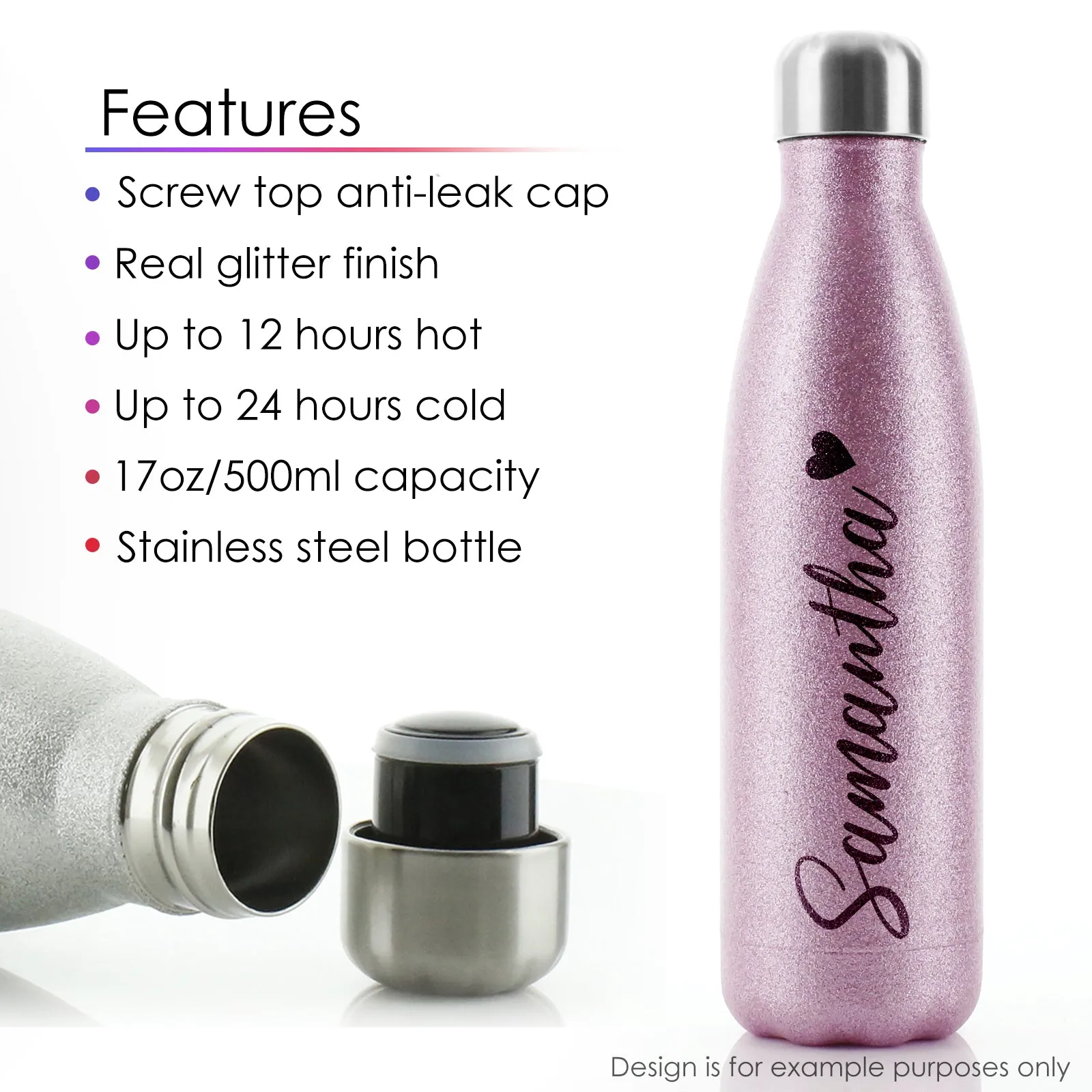 Personalised Cola Bottle with Stylish Text and Love Heart Birds Print