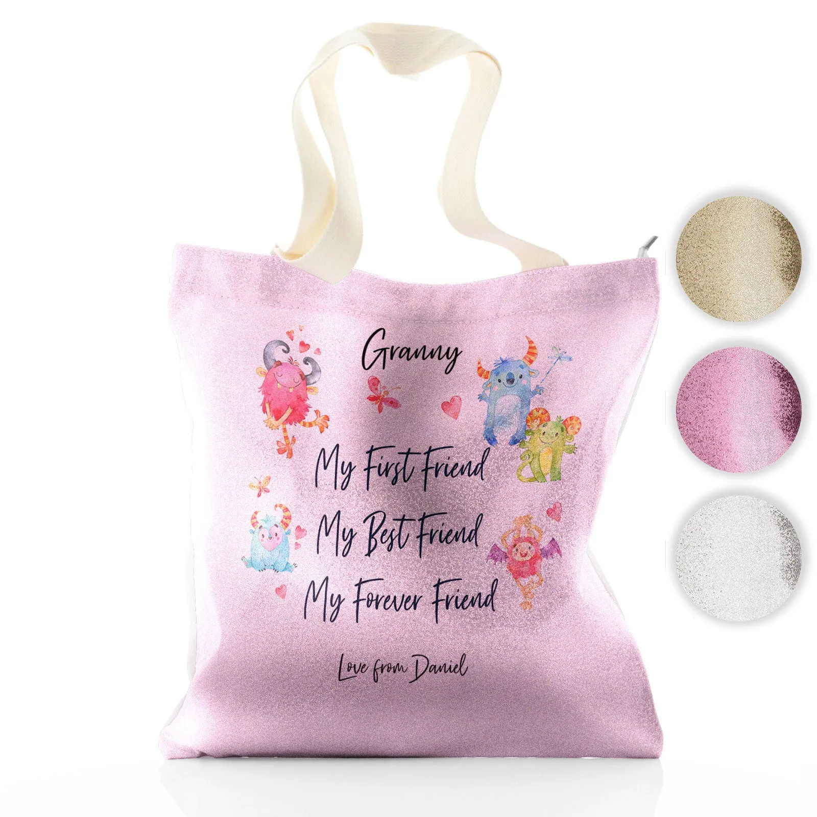 Personalised Glitter Tote Bag with Stylish Text and Forever Friend Monster Message