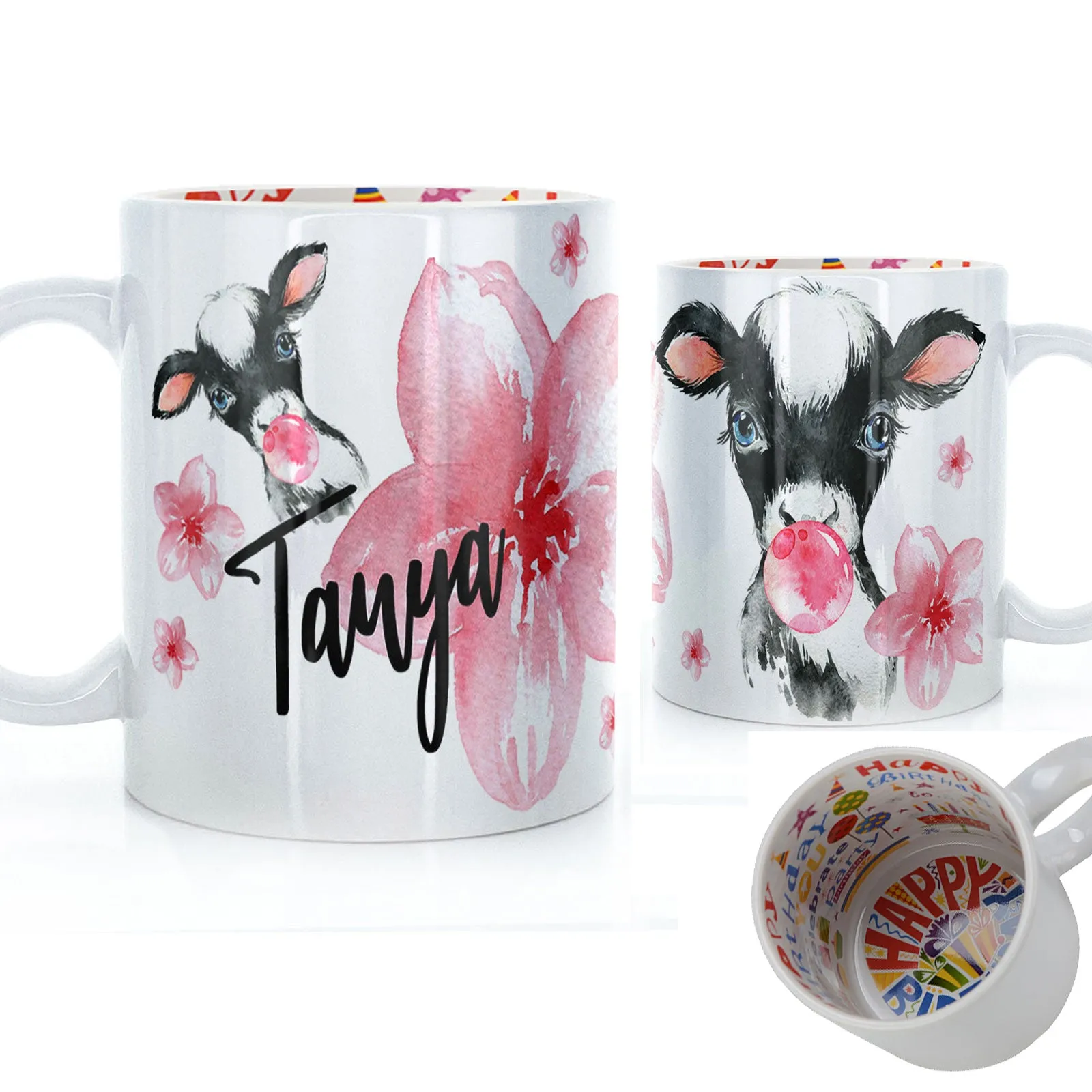 Personalised Mug with Stylish Text and Bubble Gum Cow & Pink Flowers