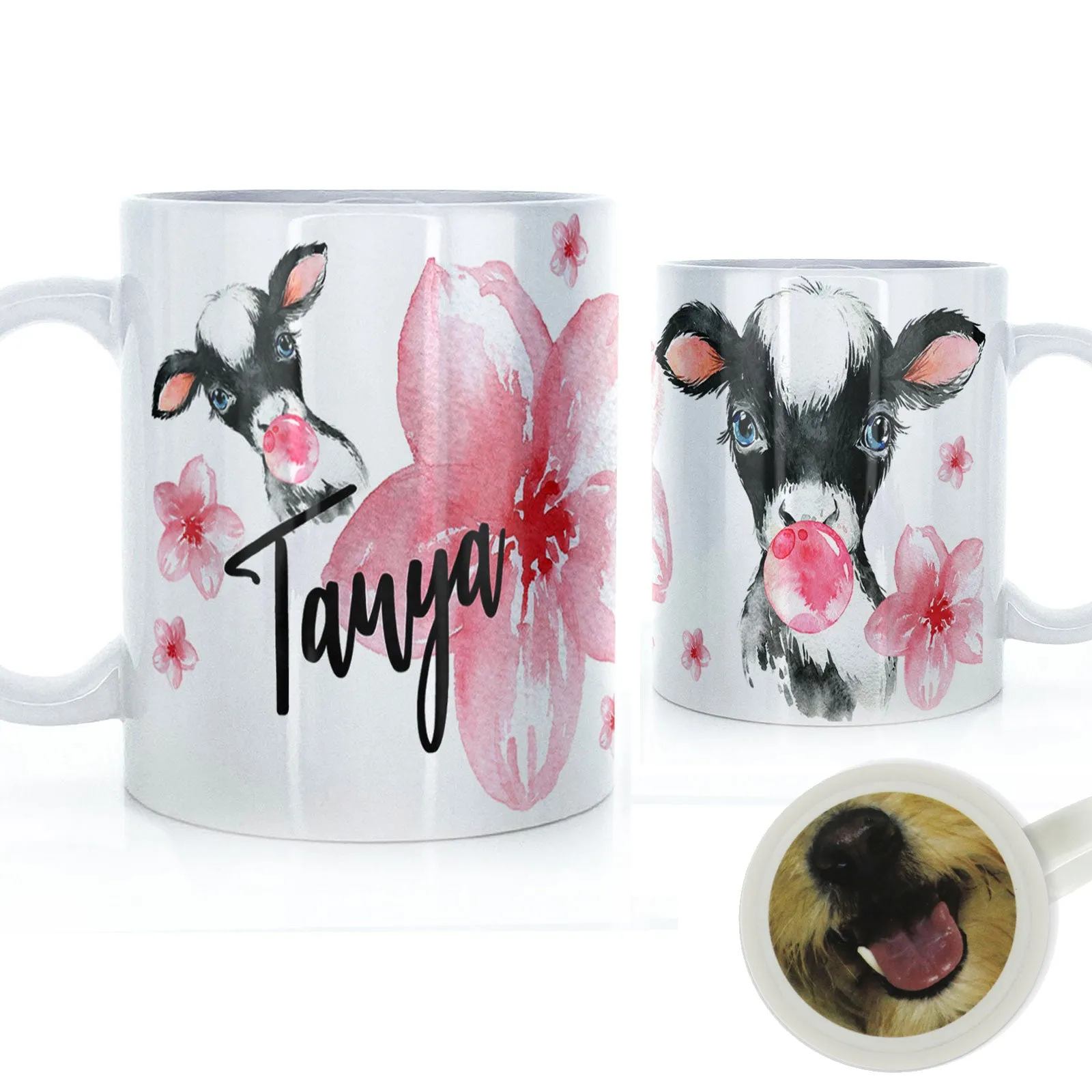 Personalised Mug with Stylish Text and Bubble Gum Cow & Pink Flowers