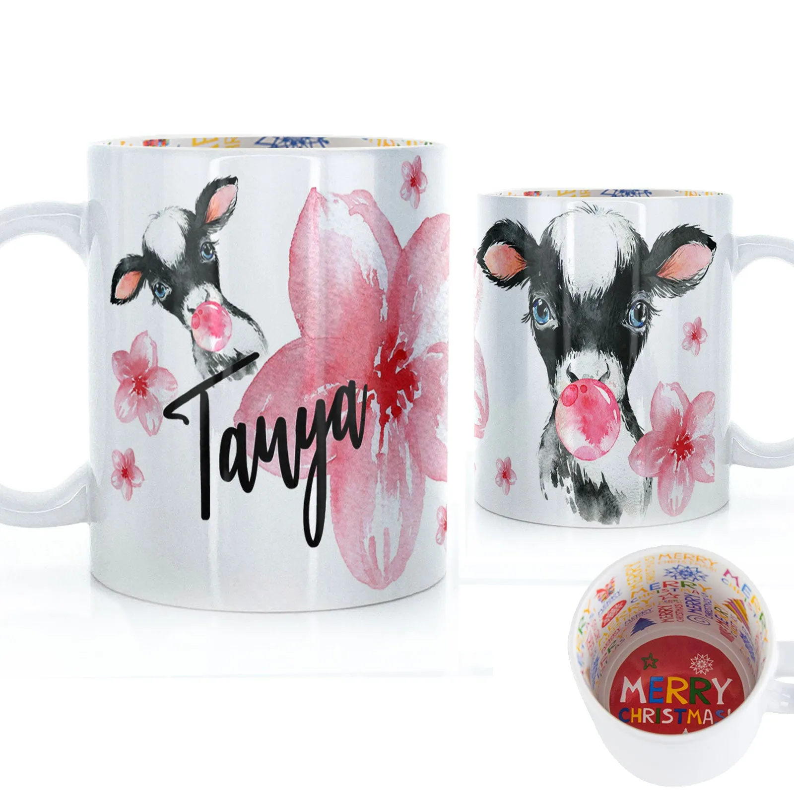Personalised Mug with Stylish Text and Bubble Gum Cow & Pink Flowers