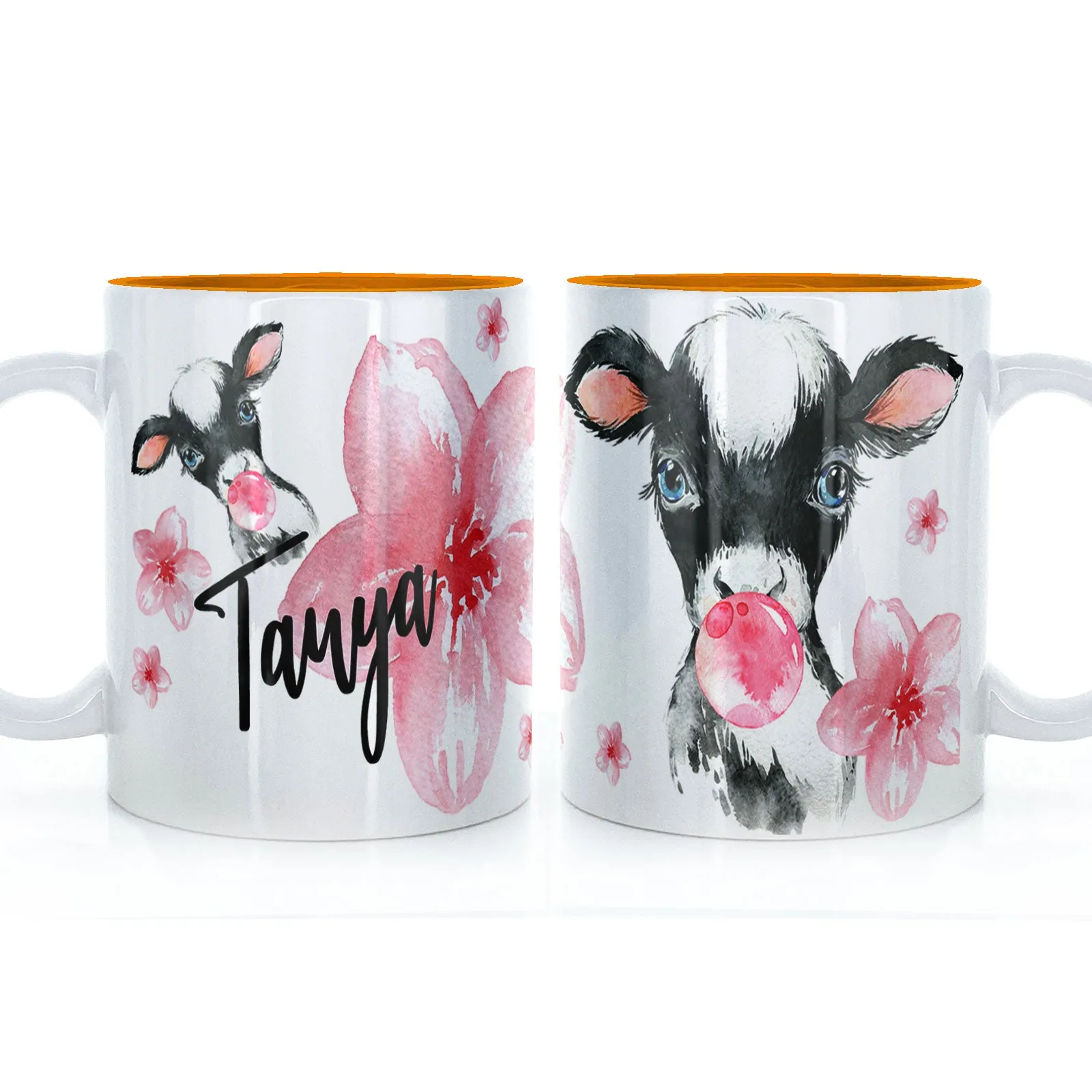 Personalised Mug with Stylish Text and Bubble Gum Cow & Pink Flowers