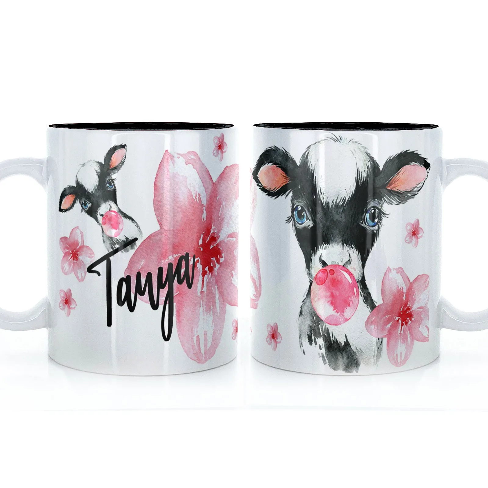 Personalised Mug with Stylish Text and Bubble Gum Cow & Pink Flowers