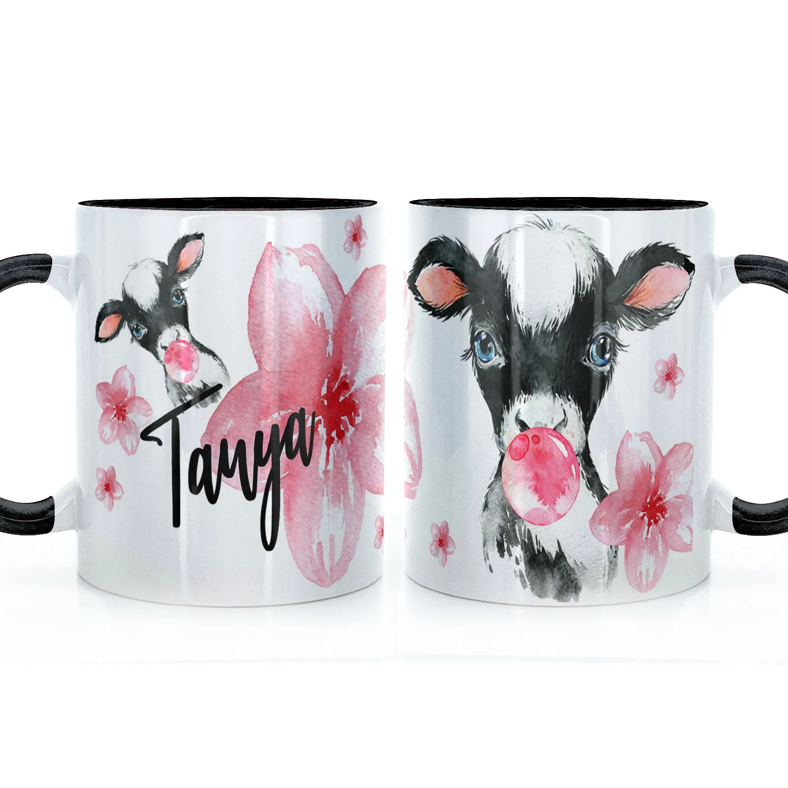 Personalised Mug with Stylish Text and Bubble Gum Cow & Pink Flowers