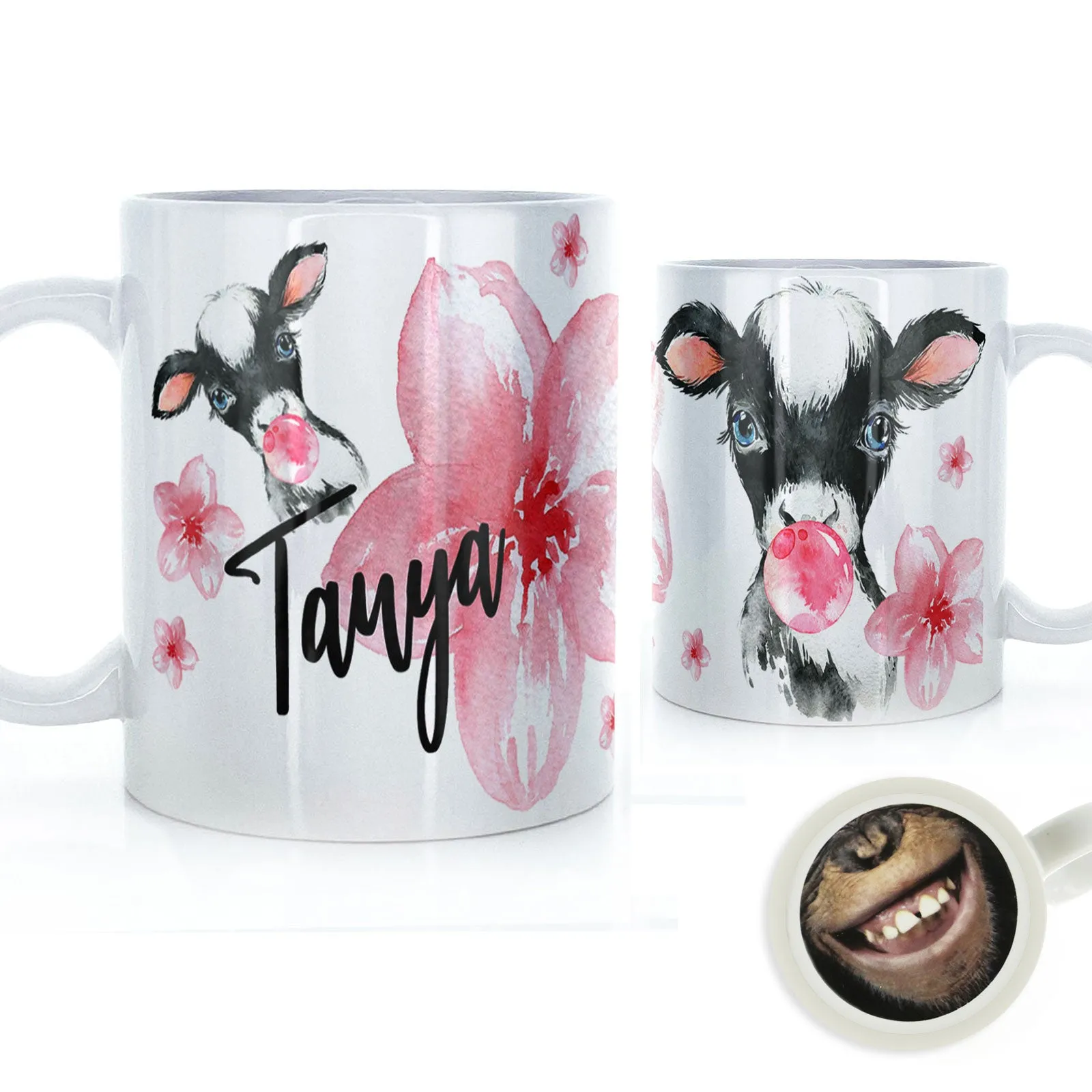Personalised Mug with Stylish Text and Bubble Gum Cow & Pink Flowers