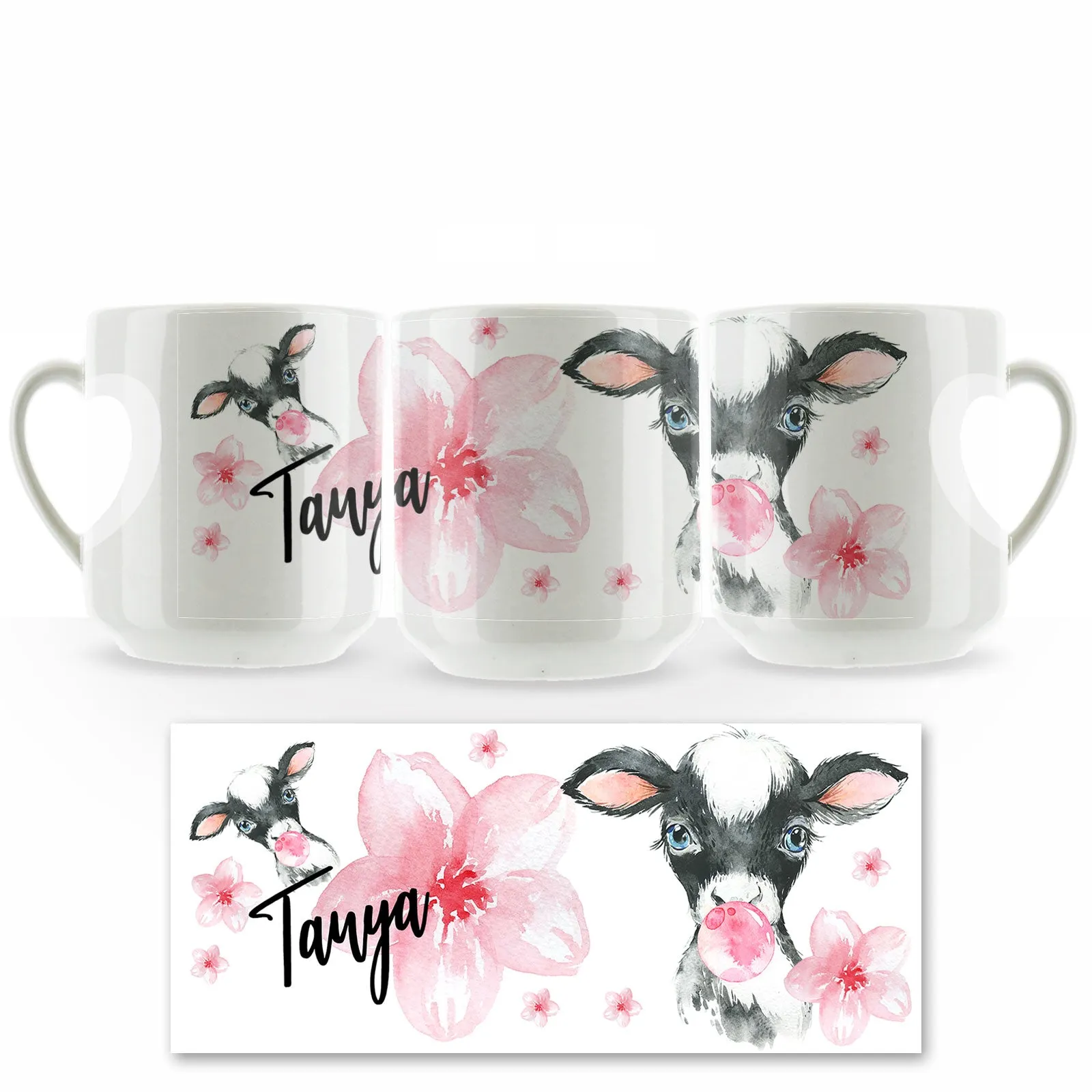 Personalised Mug with Stylish Text and Bubble Gum Cow & Pink Flowers