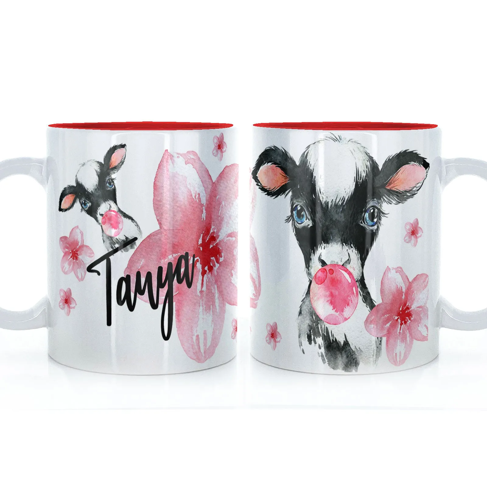 Personalised Mug with Stylish Text and Bubble Gum Cow & Pink Flowers