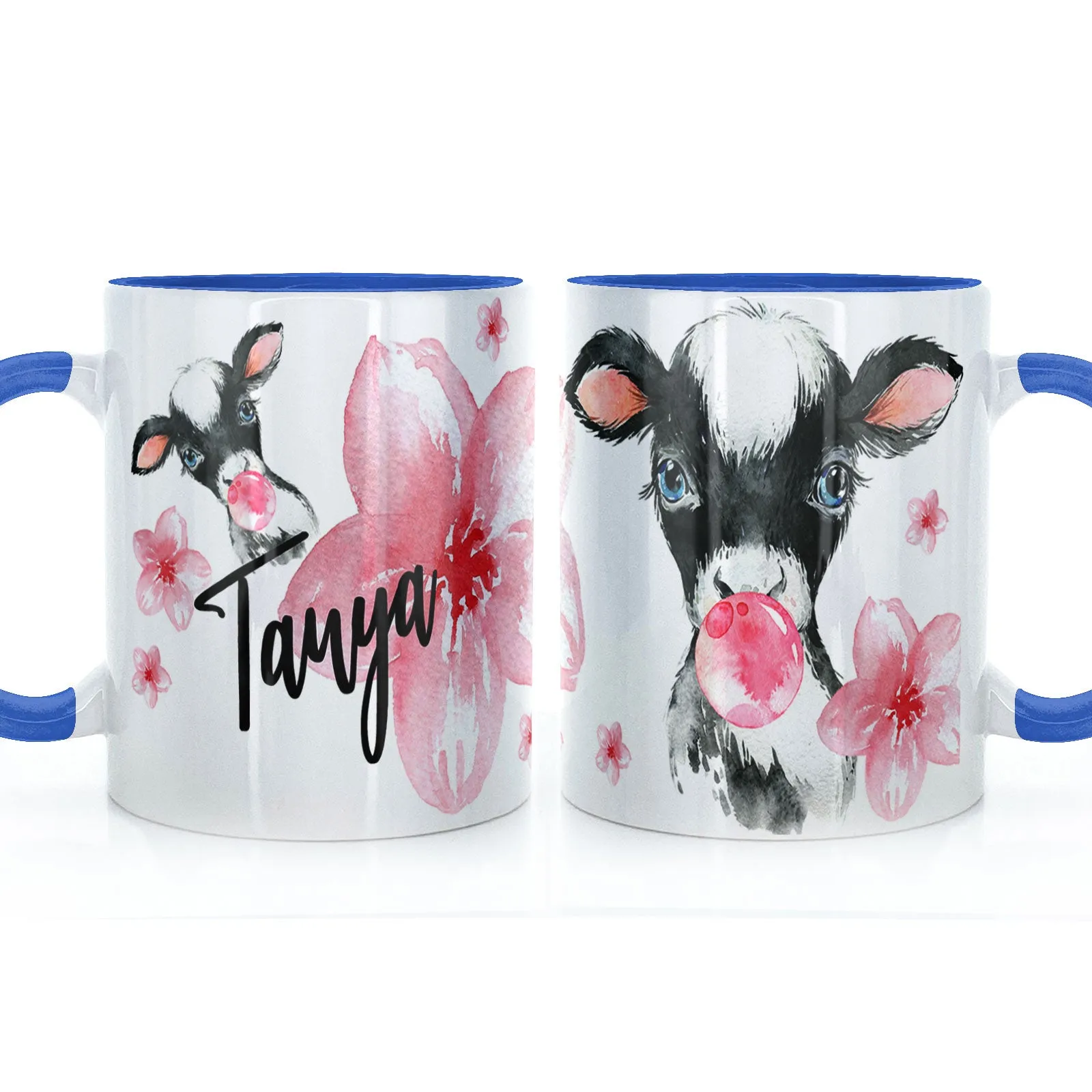 Personalised Mug with Stylish Text and Bubble Gum Cow & Pink Flowers