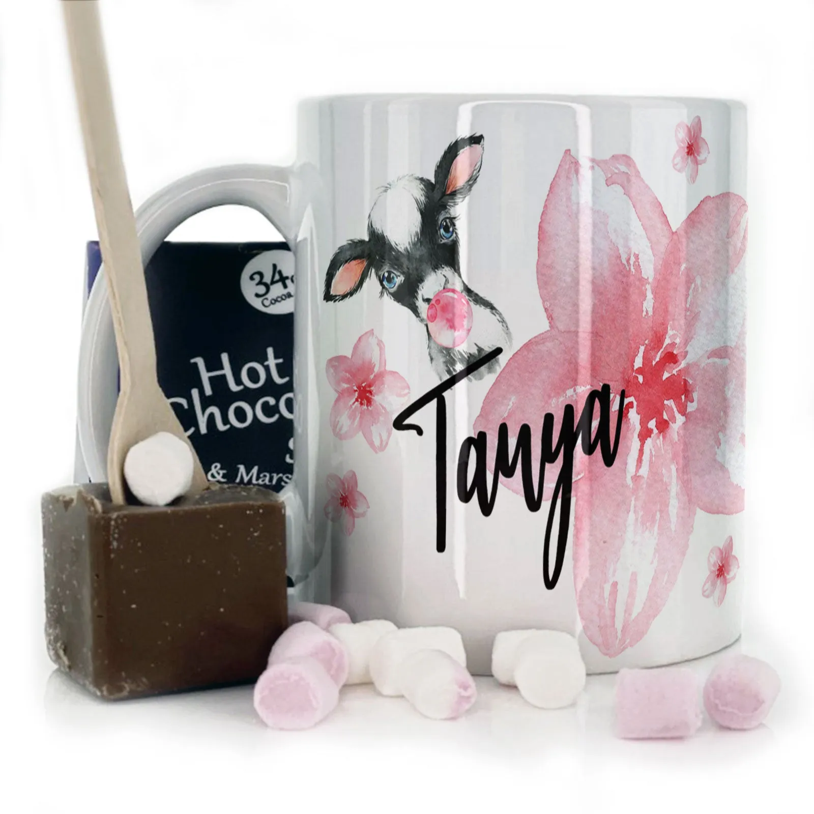 Personalised Mug with Stylish Text and Bubble Gum Cow & Pink Flowers