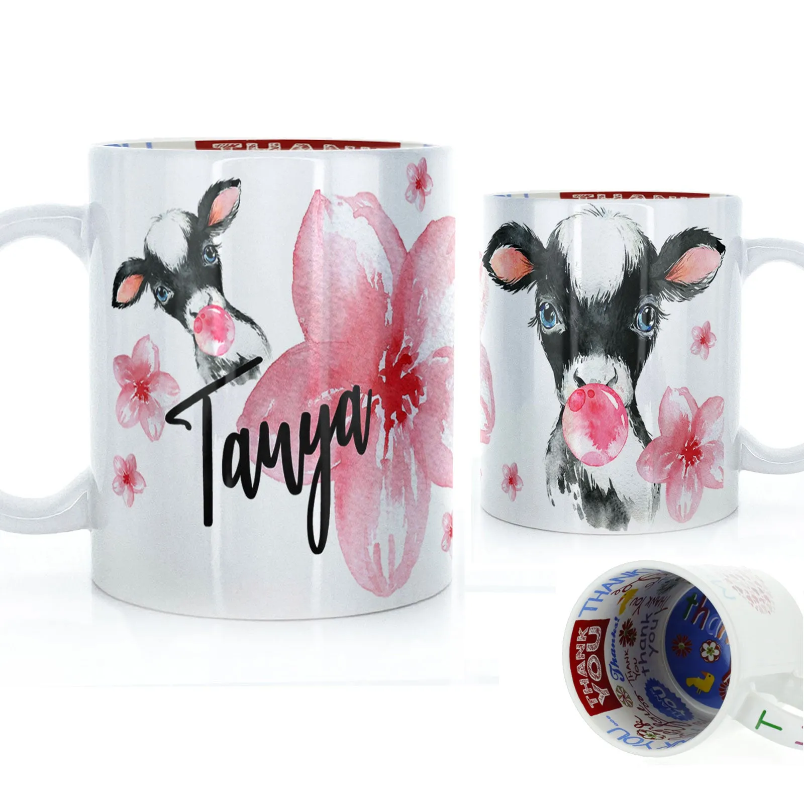 Personalised Mug with Stylish Text and Bubble Gum Cow & Pink Flowers