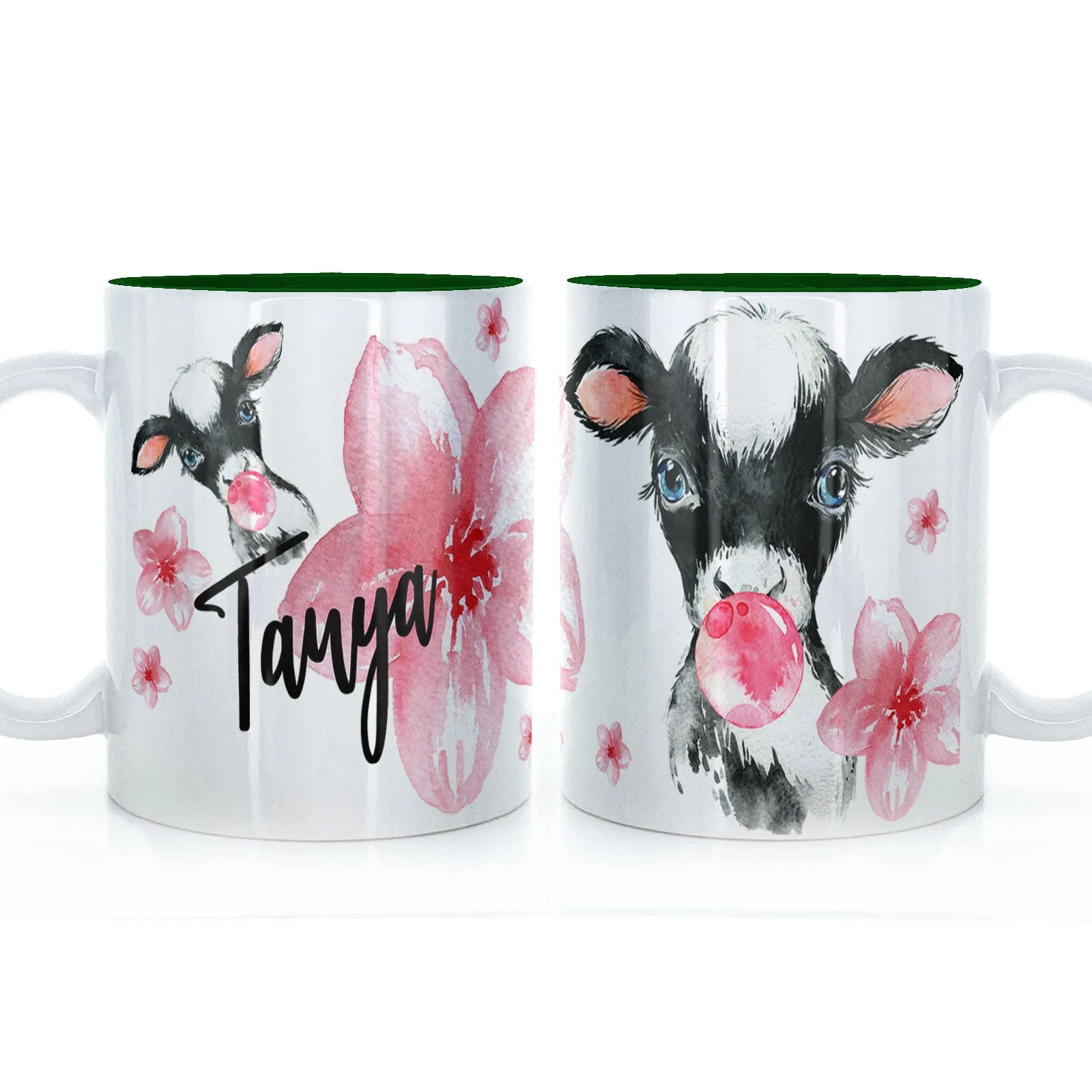 Personalised Mug with Stylish Text and Bubble Gum Cow & Pink Flowers