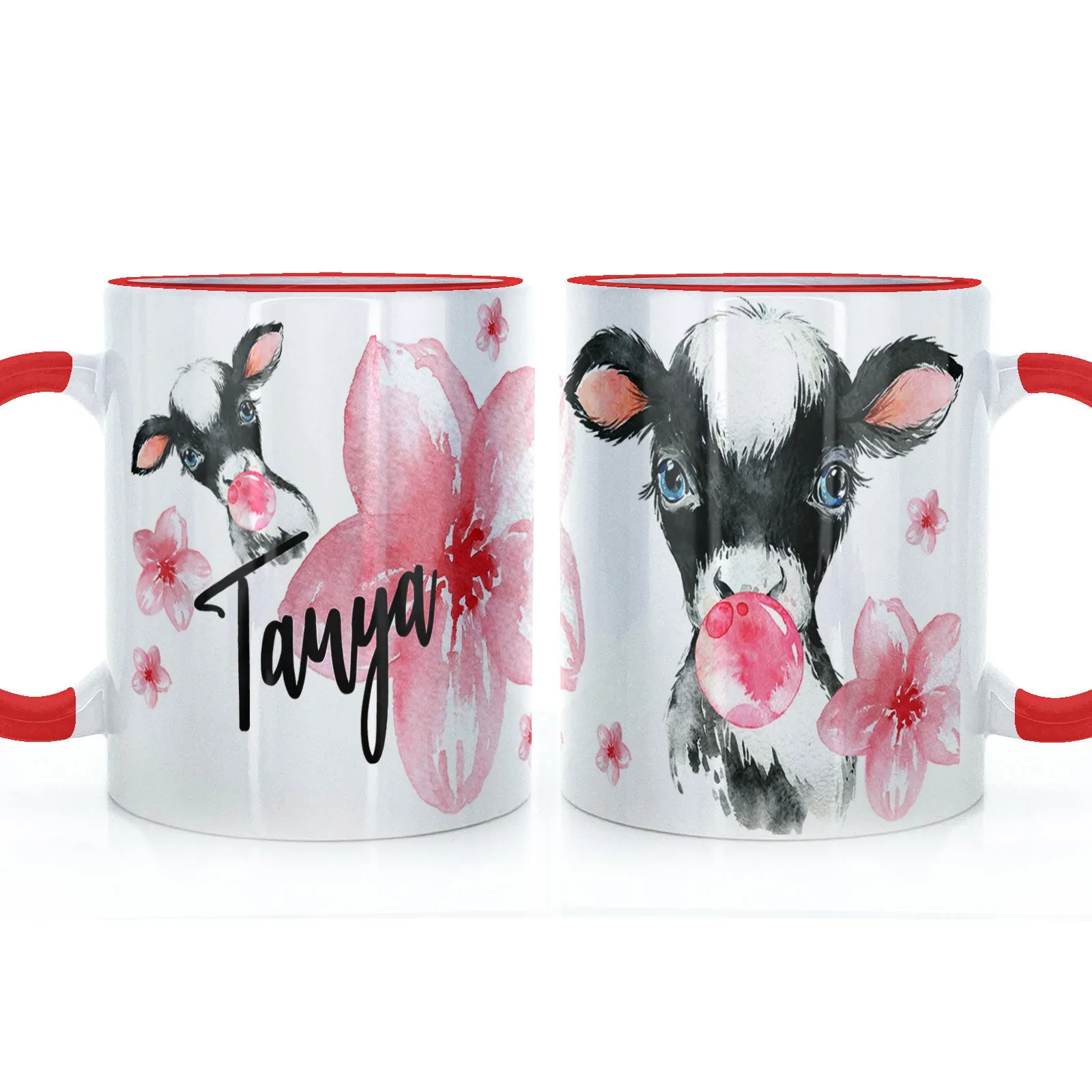 Personalised Mug with Stylish Text and Bubble Gum Cow & Pink Flowers