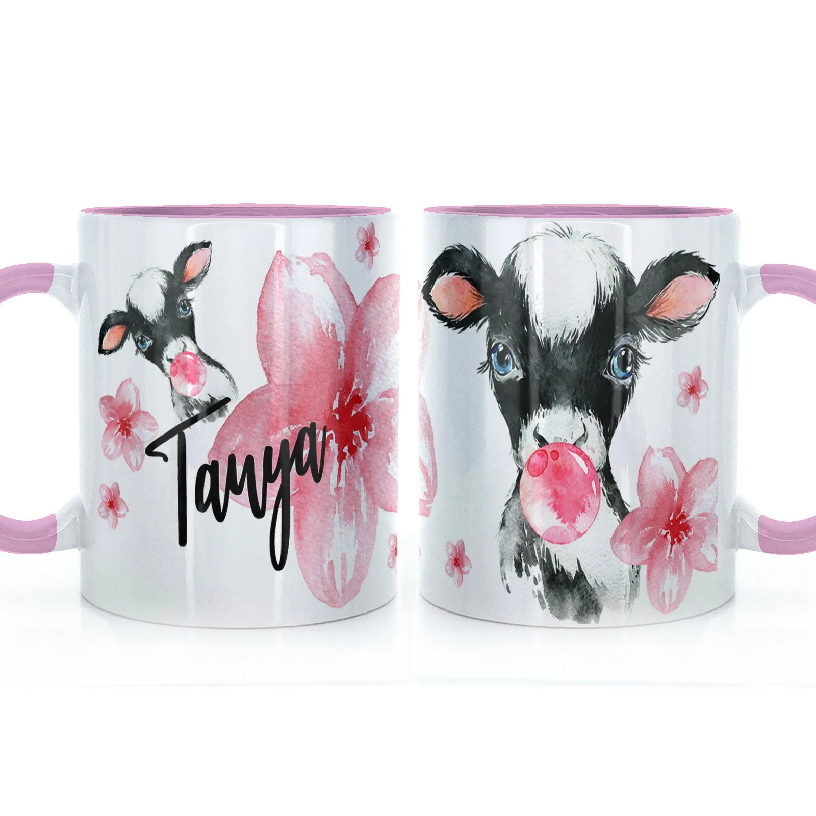 Personalised Mug with Stylish Text and Bubble Gum Cow & Pink Flowers