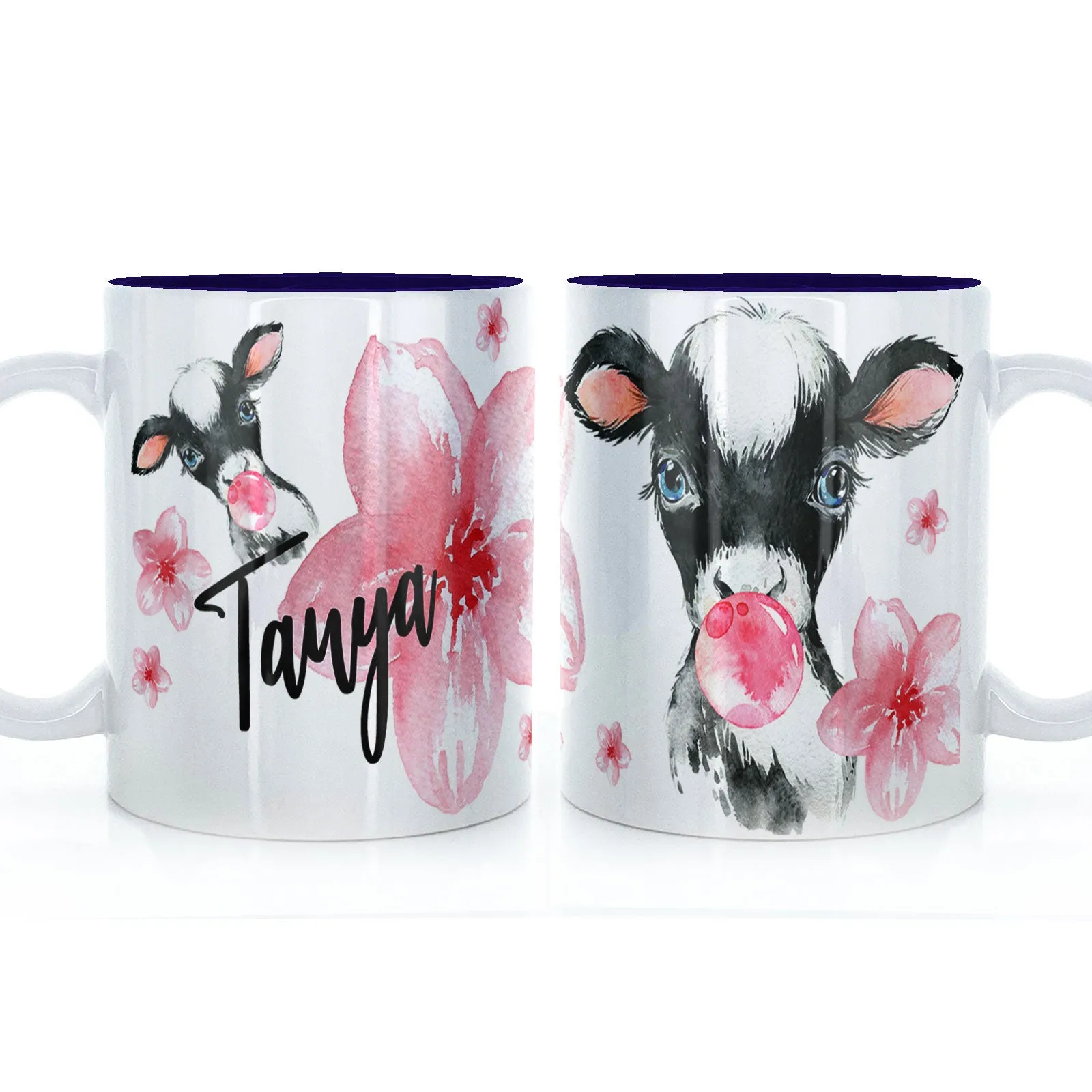 Personalised Mug with Stylish Text and Bubble Gum Cow & Pink Flowers