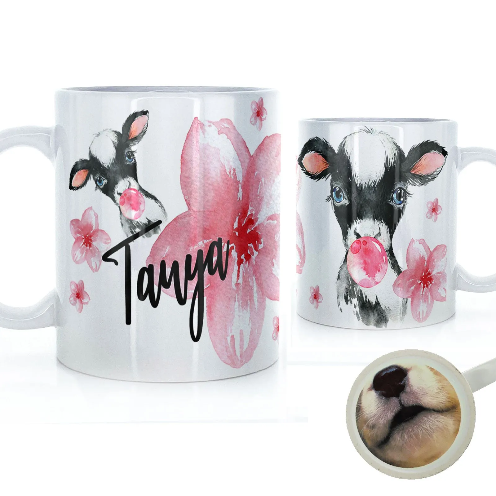 Personalised Mug with Stylish Text and Bubble Gum Cow & Pink Flowers
