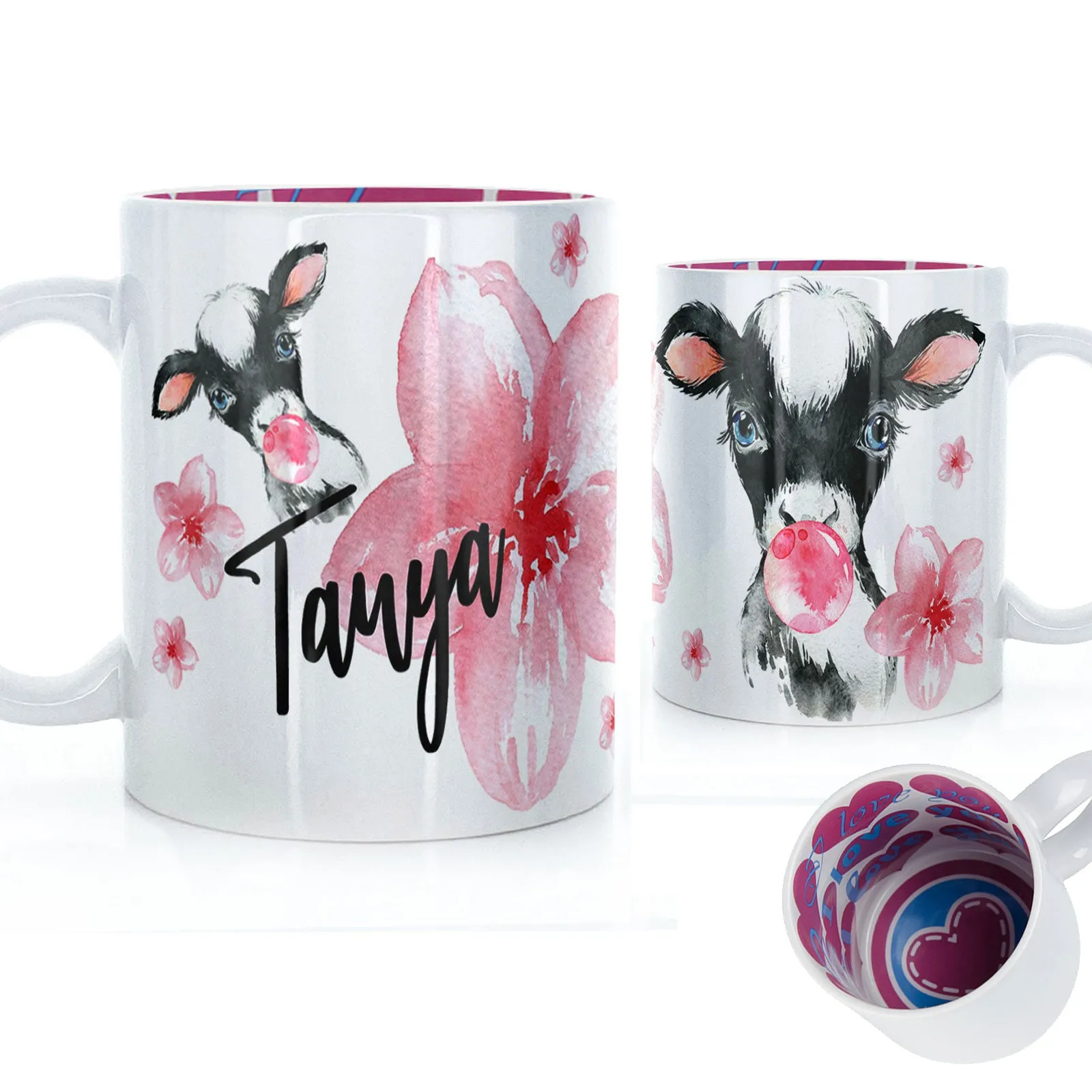 Personalised Mug with Stylish Text and Bubble Gum Cow & Pink Flowers