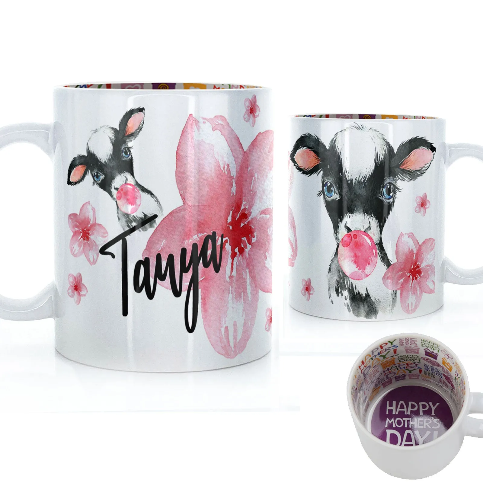 Personalised Mug with Stylish Text and Bubble Gum Cow & Pink Flowers