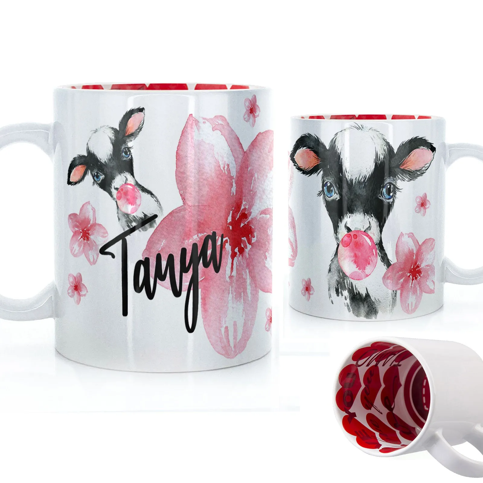 Personalised Mug with Stylish Text and Bubble Gum Cow & Pink Flowers
