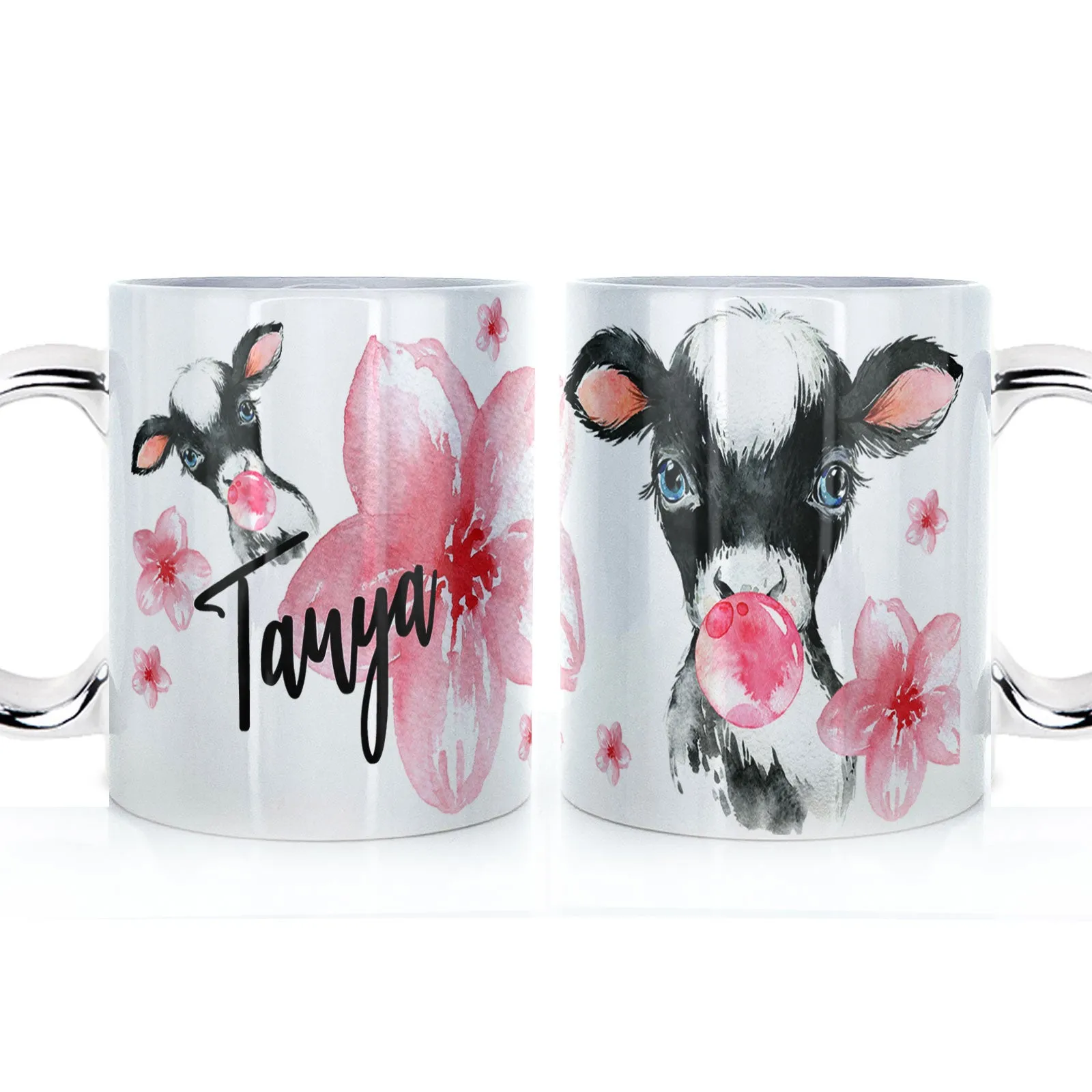 Personalised Mug with Stylish Text and Bubble Gum Cow & Pink Flowers