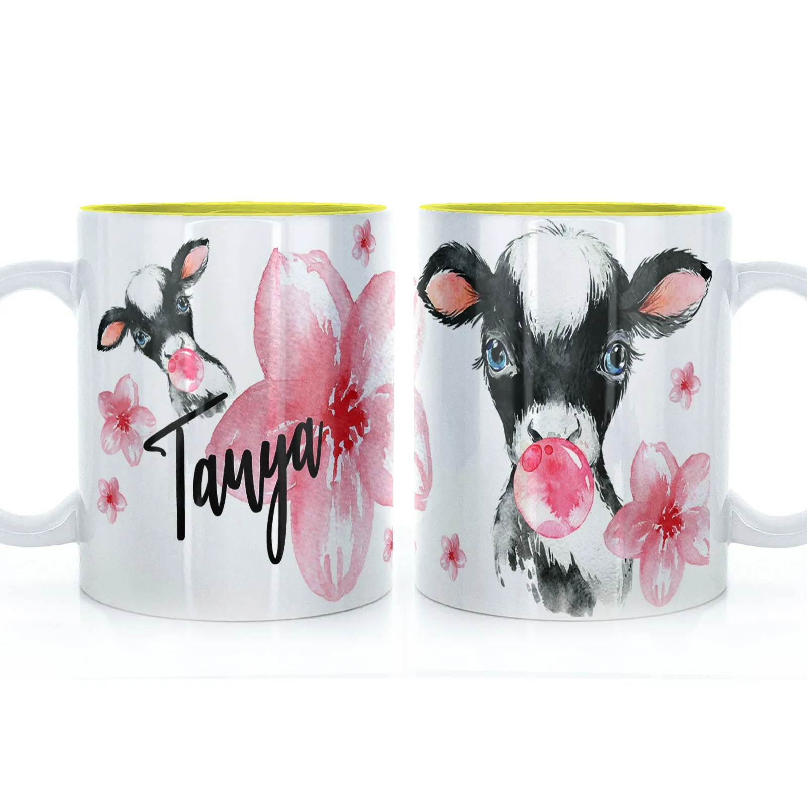 Personalised Mug with Stylish Text and Bubble Gum Cow & Pink Flowers