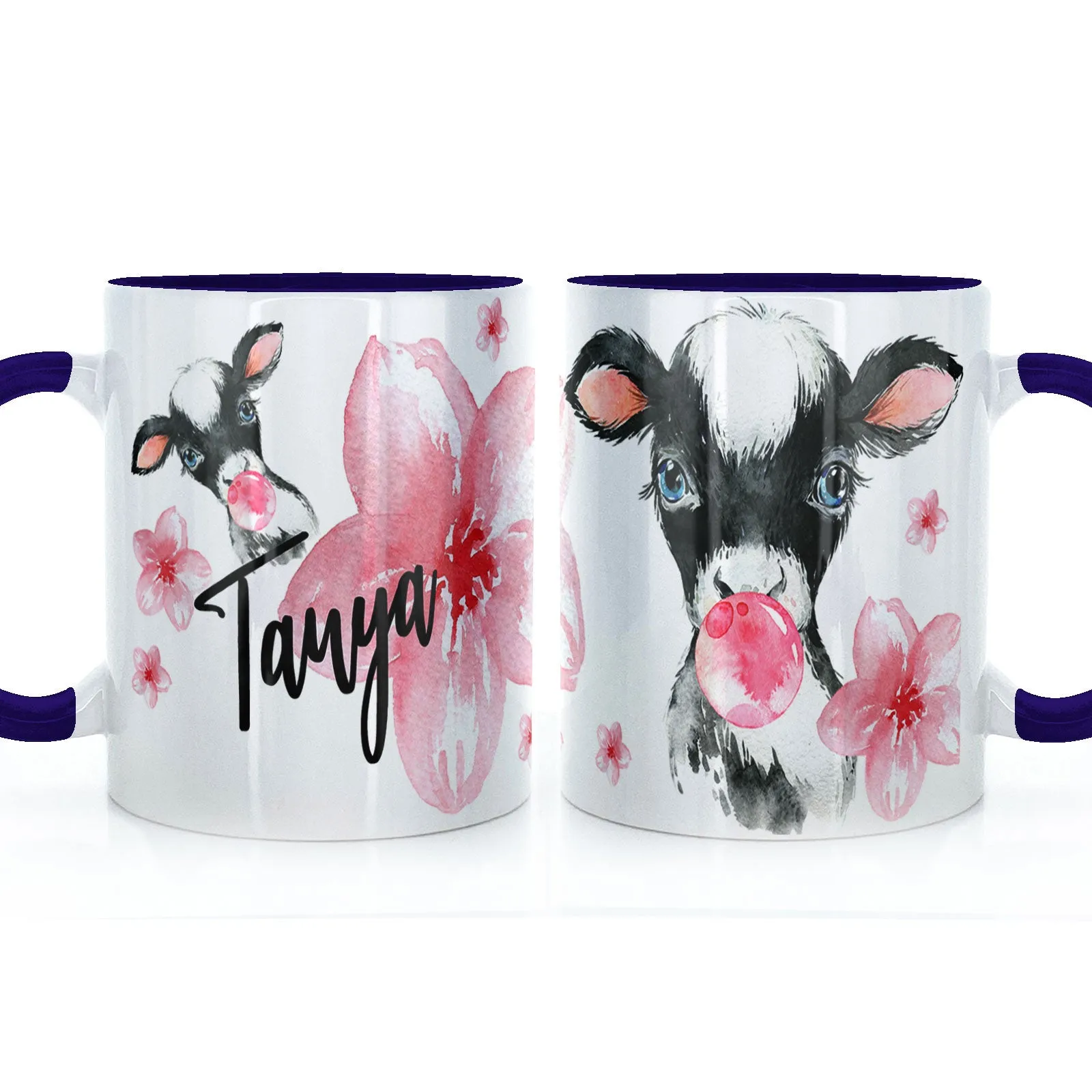 Personalised Mug with Stylish Text and Bubble Gum Cow & Pink Flowers