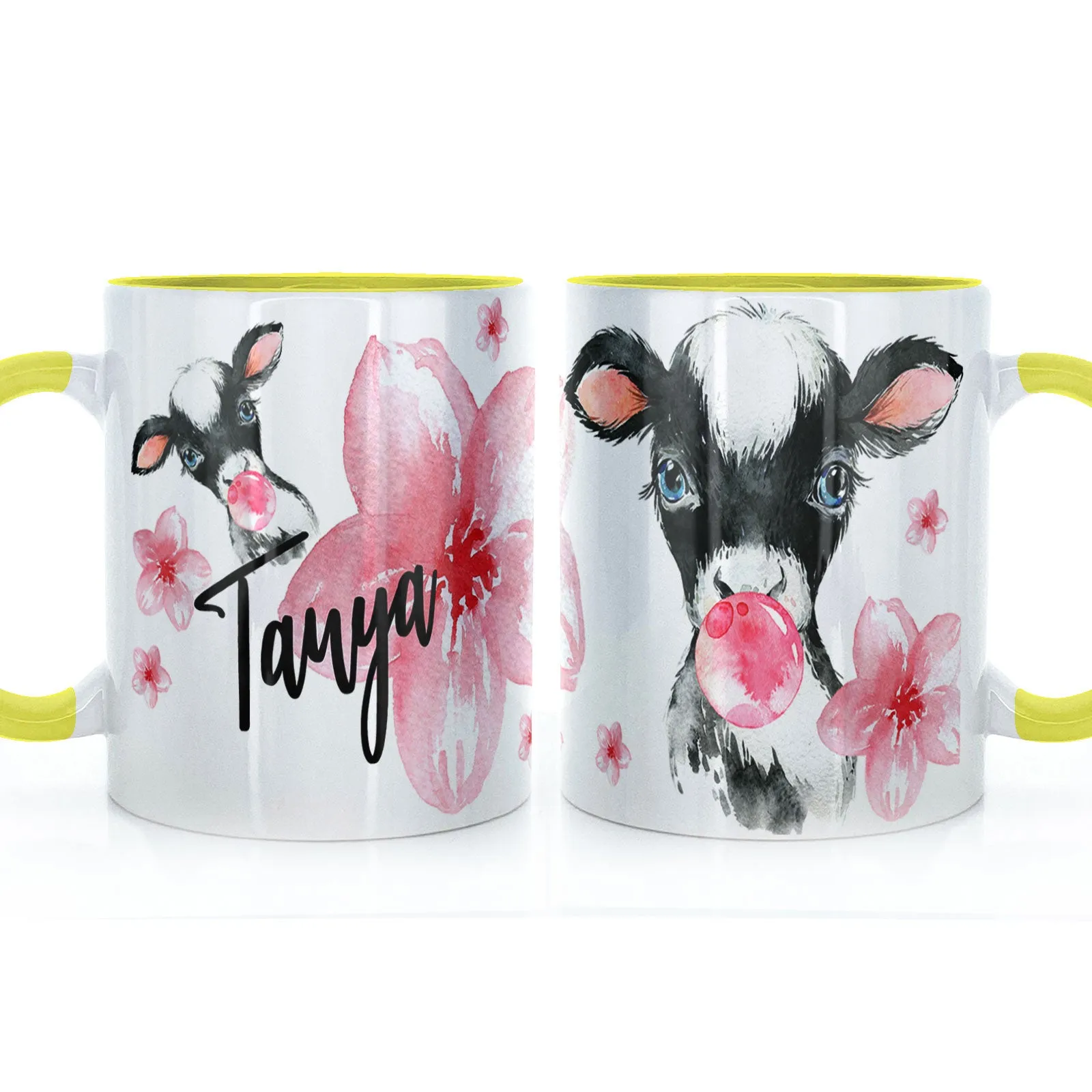Personalised Mug with Stylish Text and Bubble Gum Cow & Pink Flowers