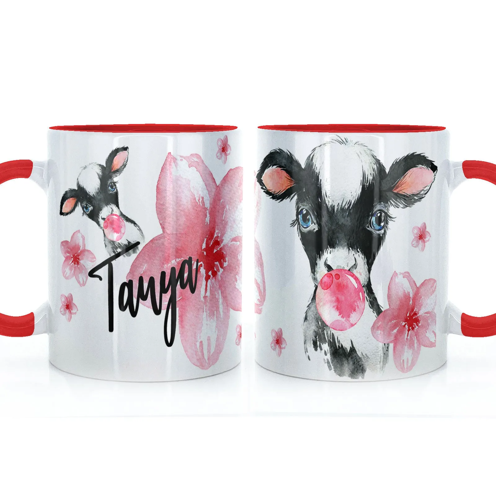 Personalised Mug with Stylish Text and Bubble Gum Cow & Pink Flowers