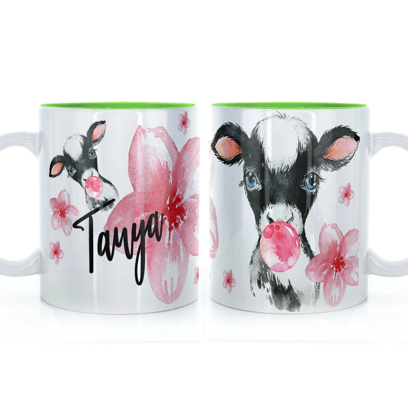 Personalised Mug with Stylish Text and Bubble Gum Cow & Pink Flowers