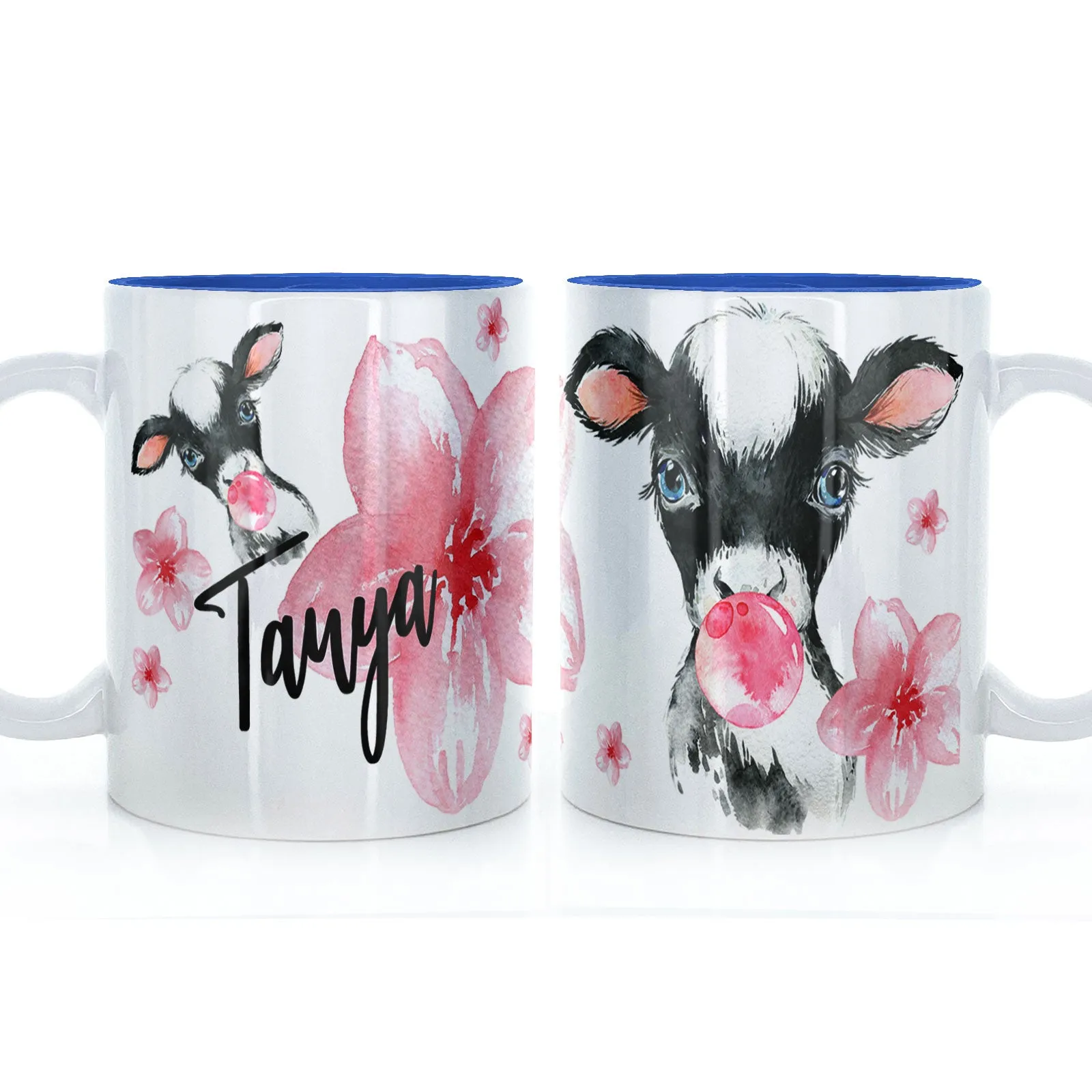 Personalised Mug with Stylish Text and Bubble Gum Cow & Pink Flowers