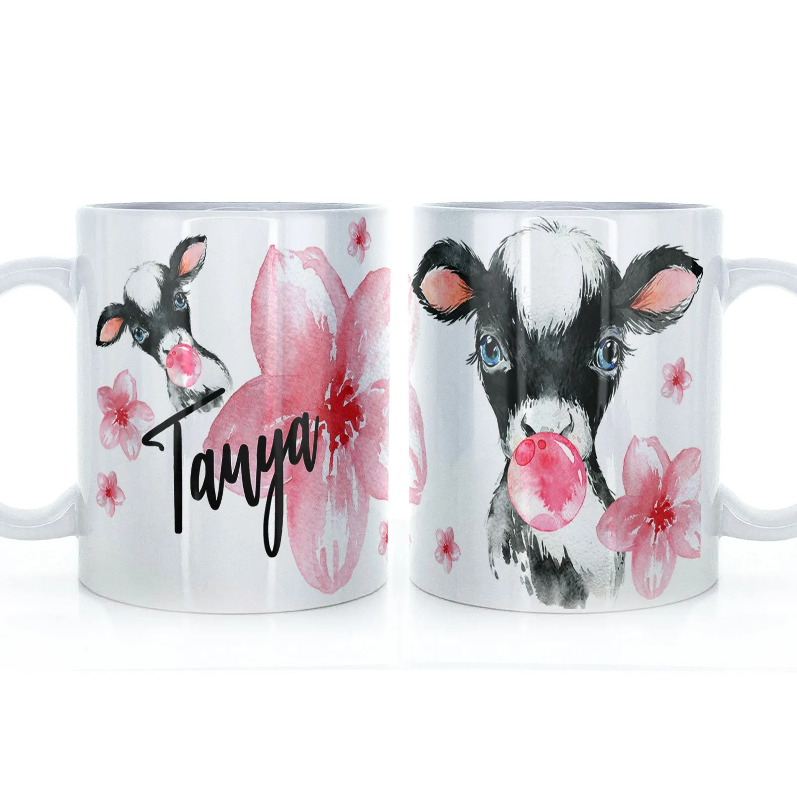Personalised Mug with Stylish Text and Bubble Gum Cow & Pink Flowers