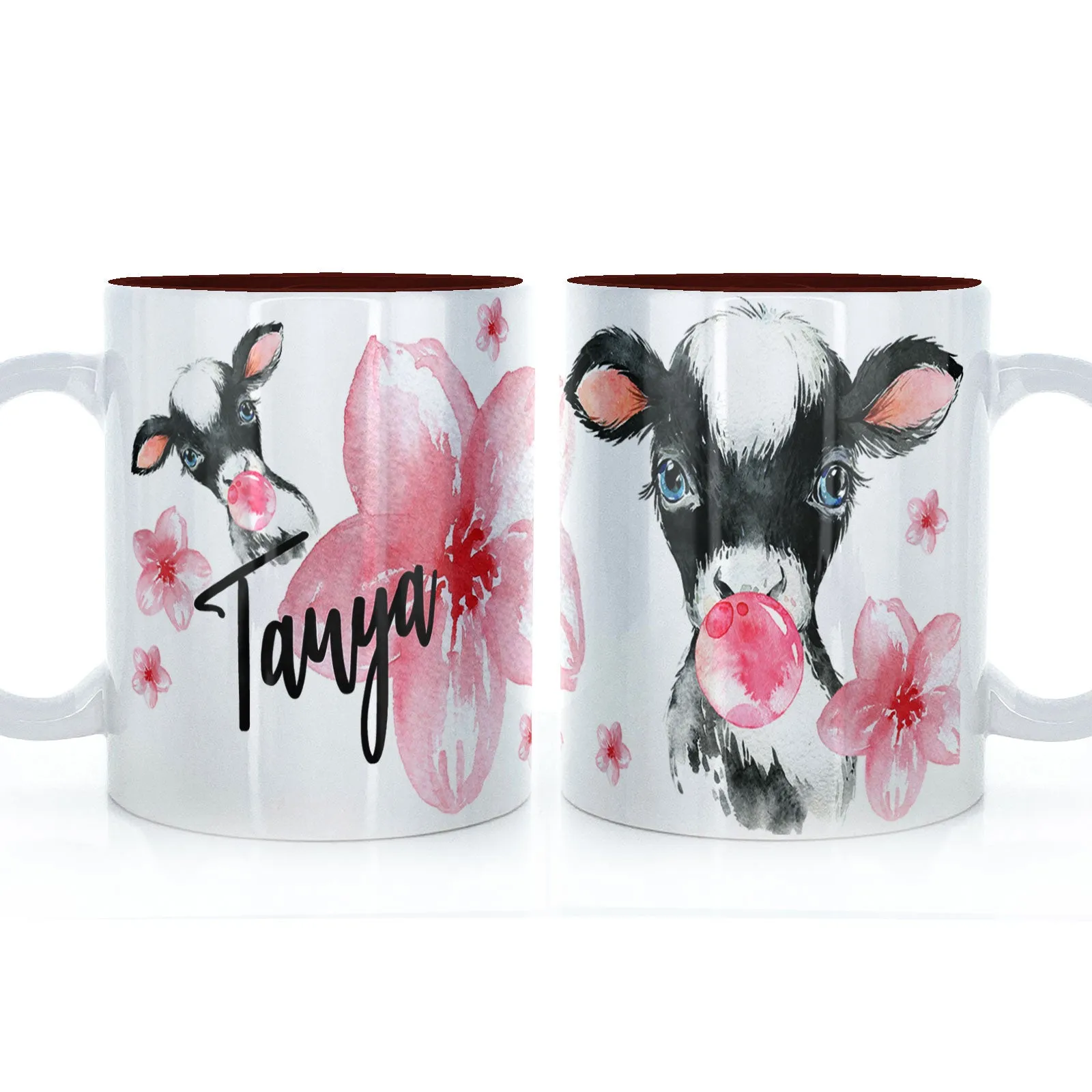 Personalised Mug with Stylish Text and Bubble Gum Cow & Pink Flowers