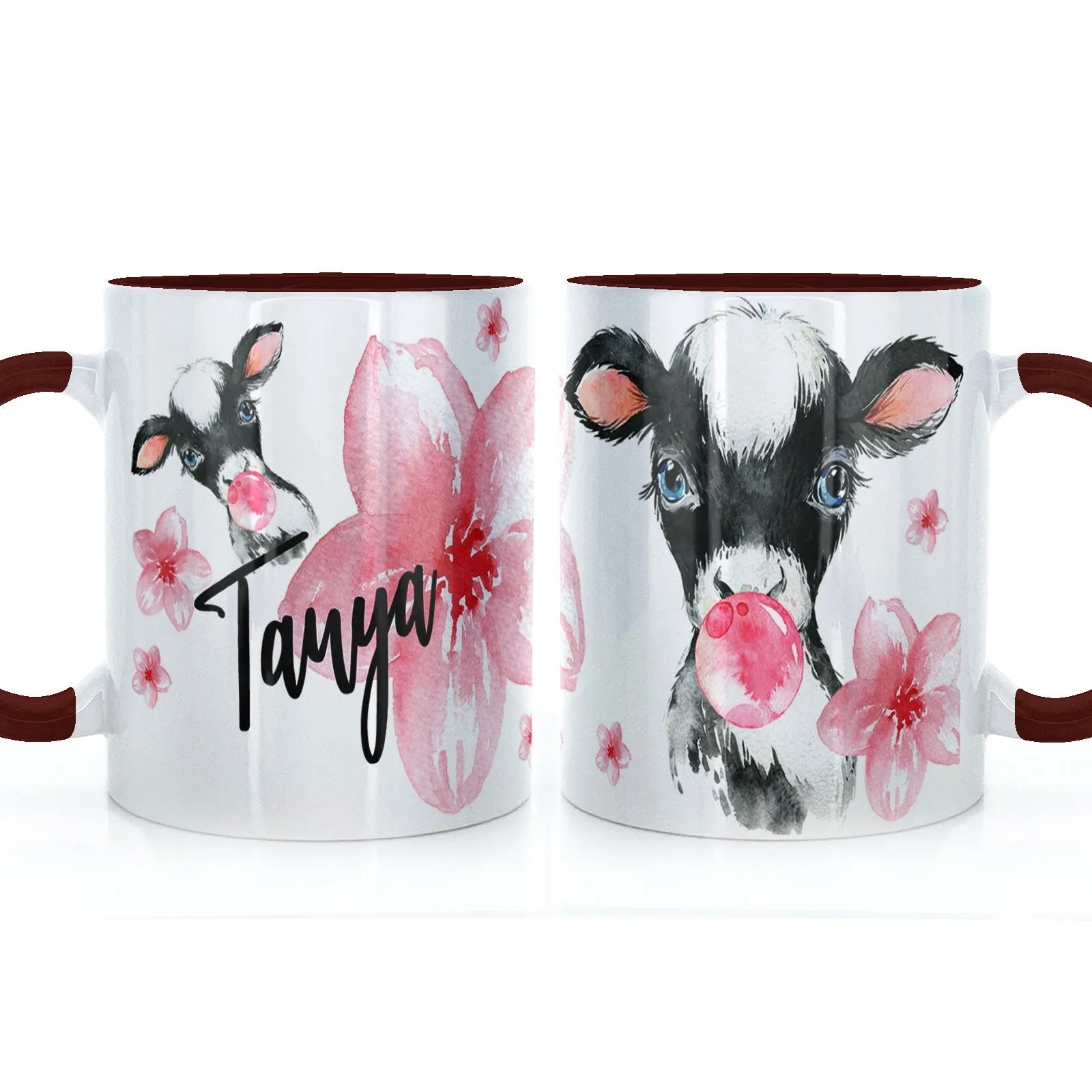 Personalised Mug with Stylish Text and Bubble Gum Cow & Pink Flowers