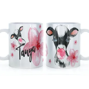 Personalised Mug with Stylish Text and Bubble Gum Cow & Pink Flowers