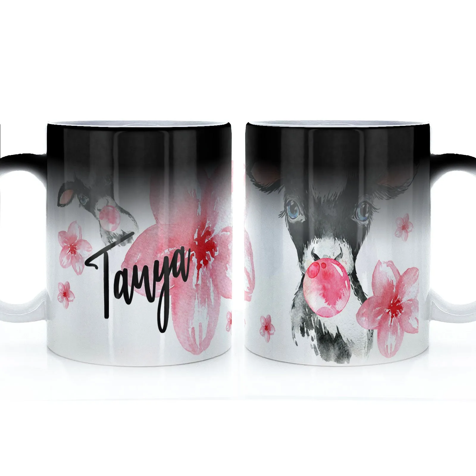 Personalised Mug with Stylish Text and Bubble Gum Cow & Pink Flowers