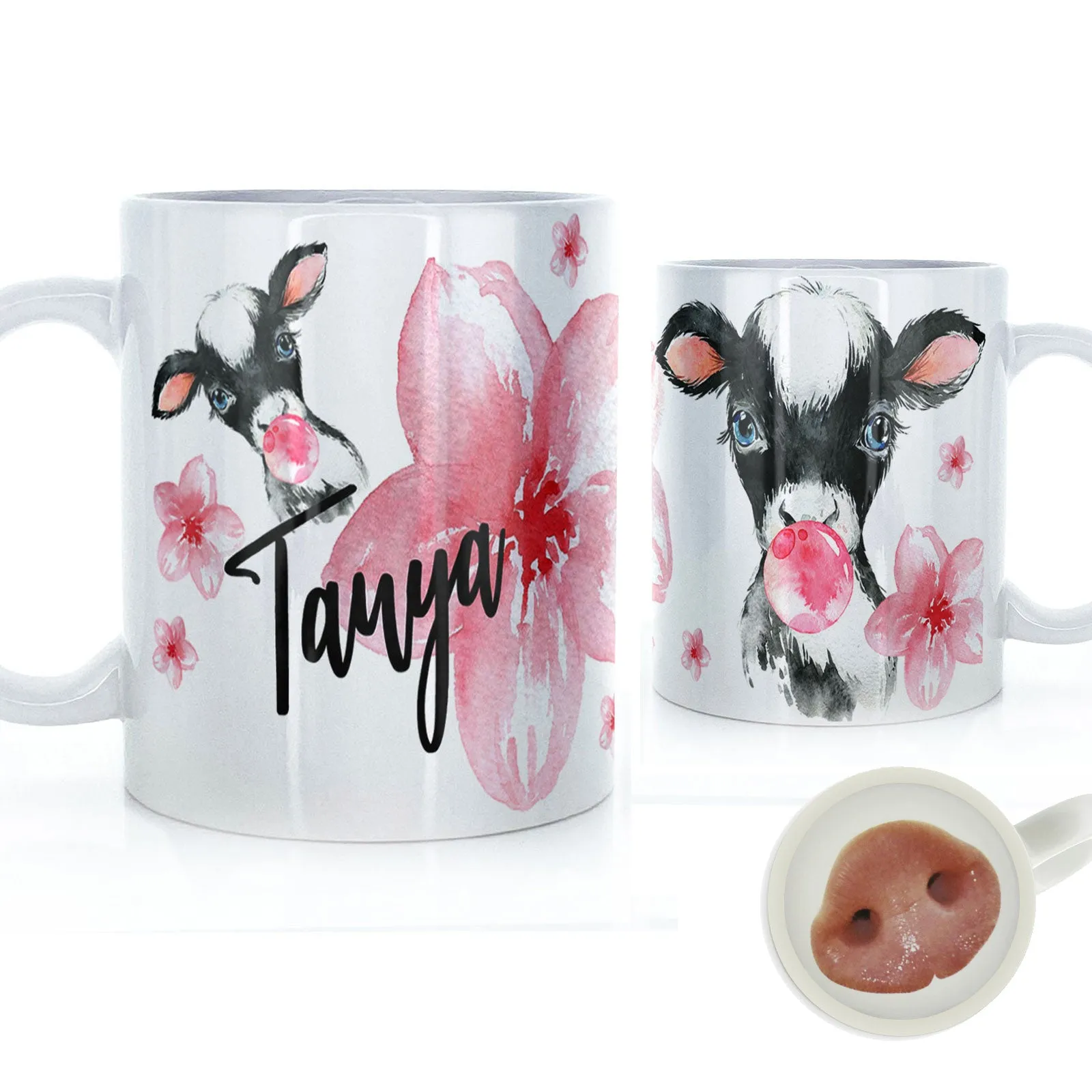 Personalised Mug with Stylish Text and Bubble Gum Cow & Pink Flowers