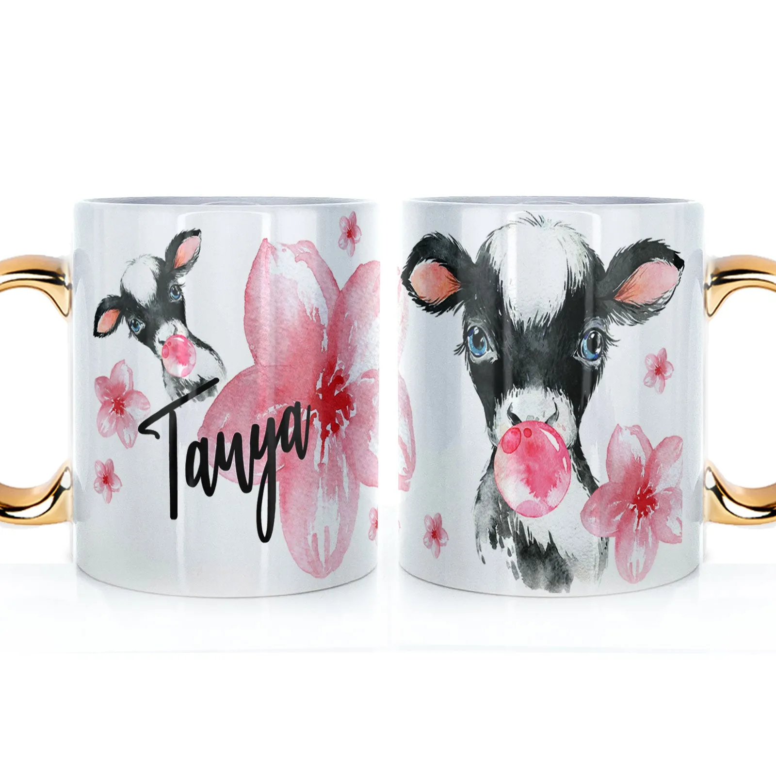 Personalised Mug with Stylish Text and Bubble Gum Cow & Pink Flowers