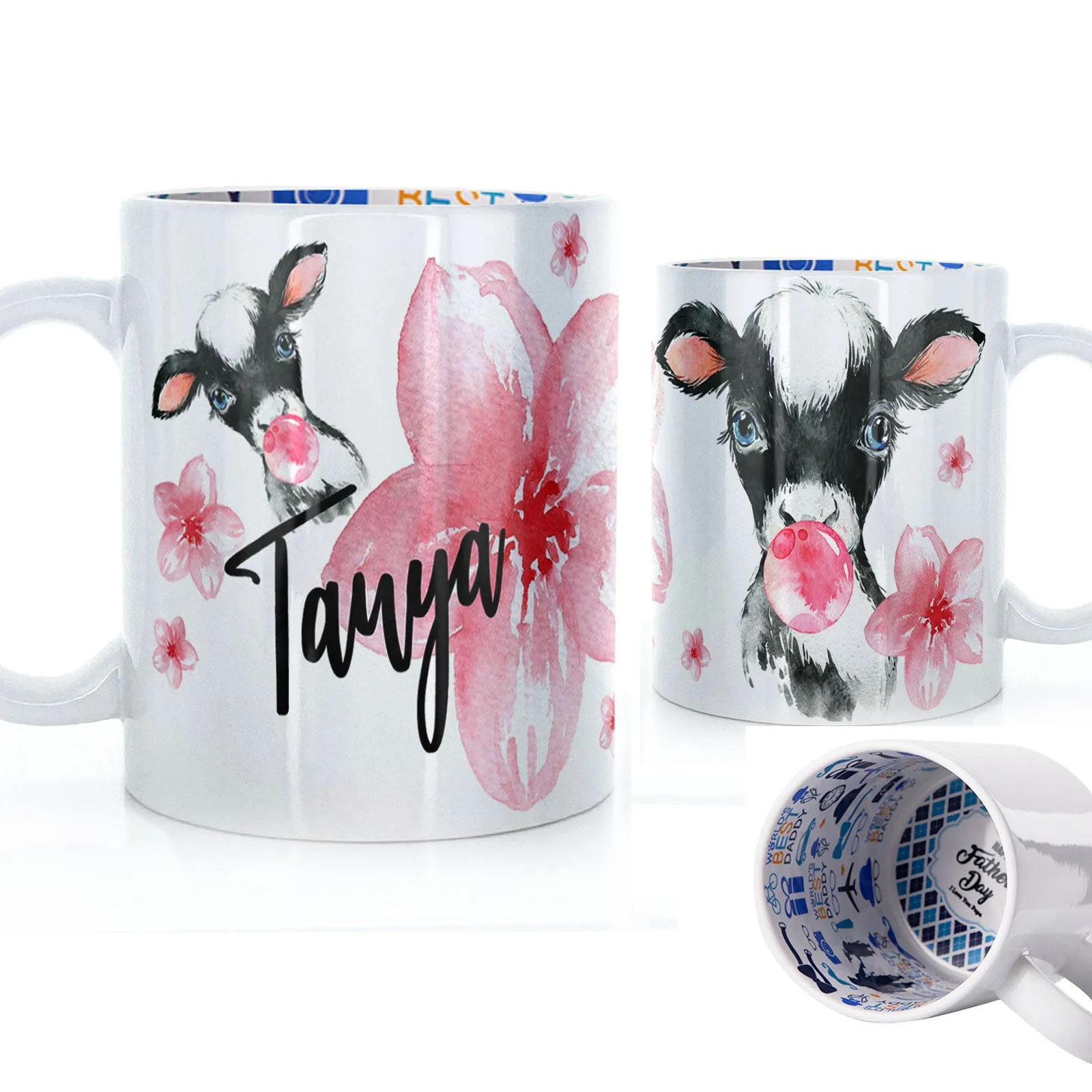 Personalised Mug with Stylish Text and Bubble Gum Cow & Pink Flowers