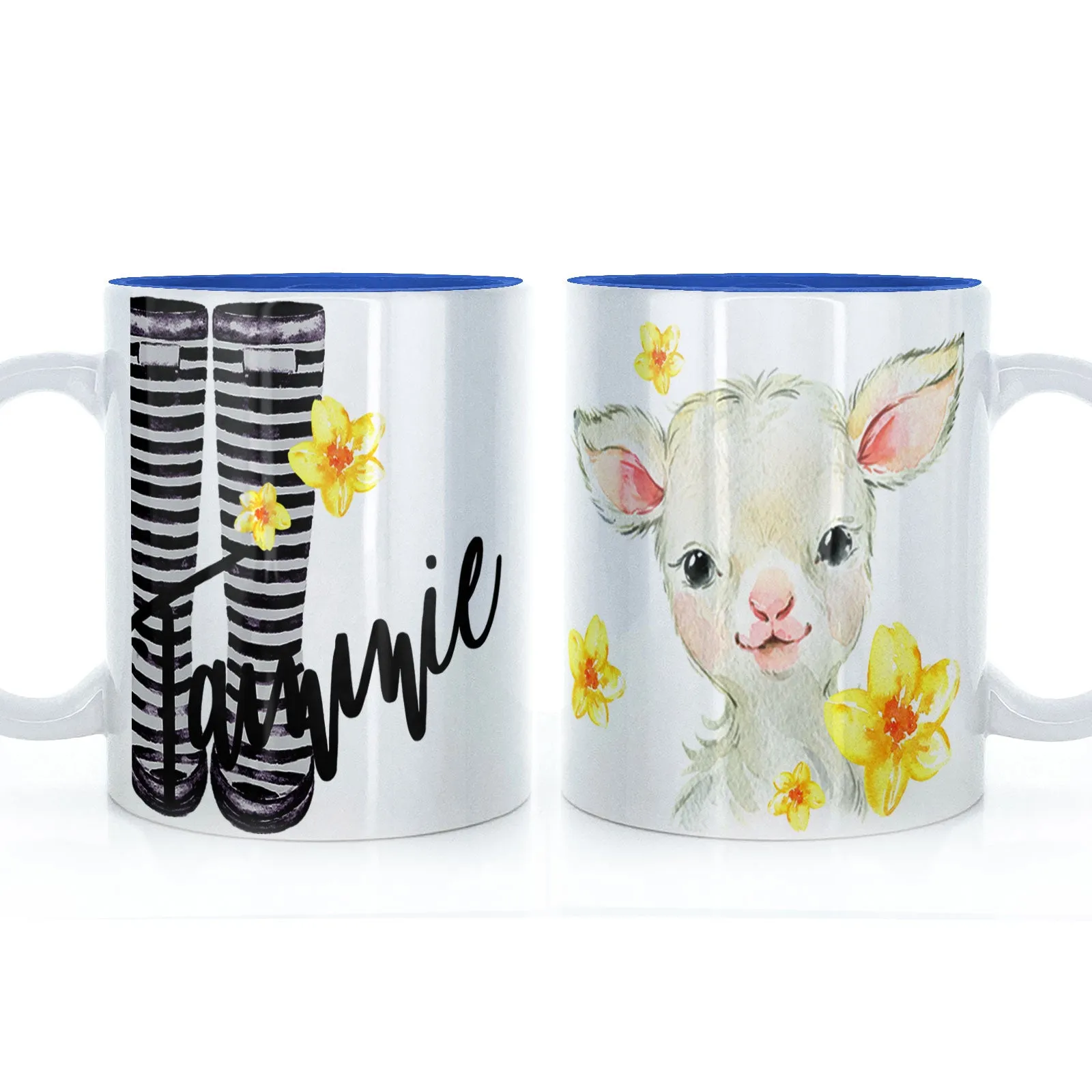 Personalised Mug with Stylish Text and Yellow Flower Lamb & Black Striped Wellies