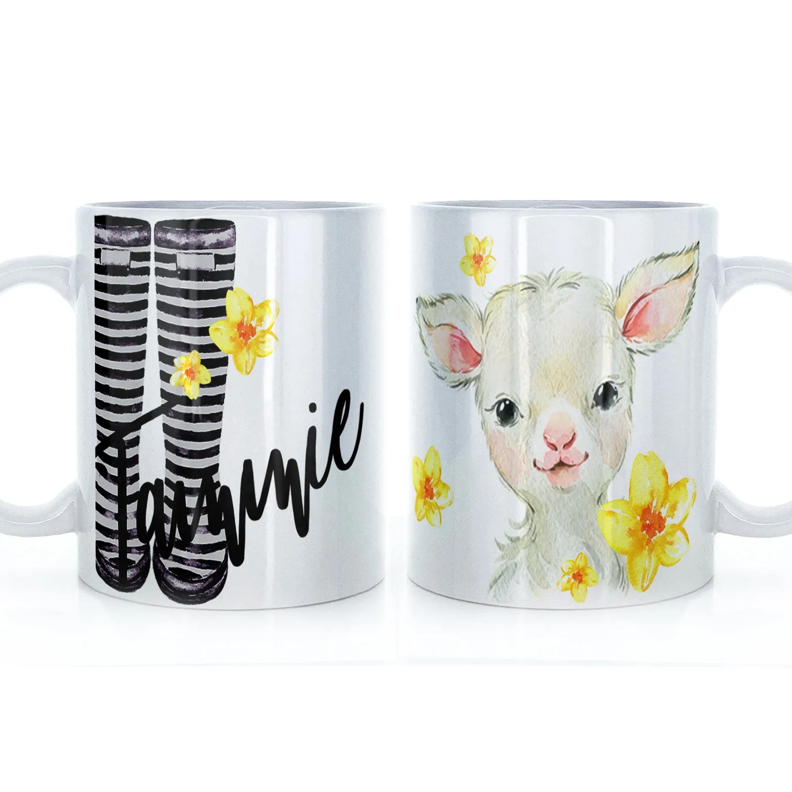 Personalised Mug with Stylish Text and Yellow Flower Lamb & Black Striped Wellies