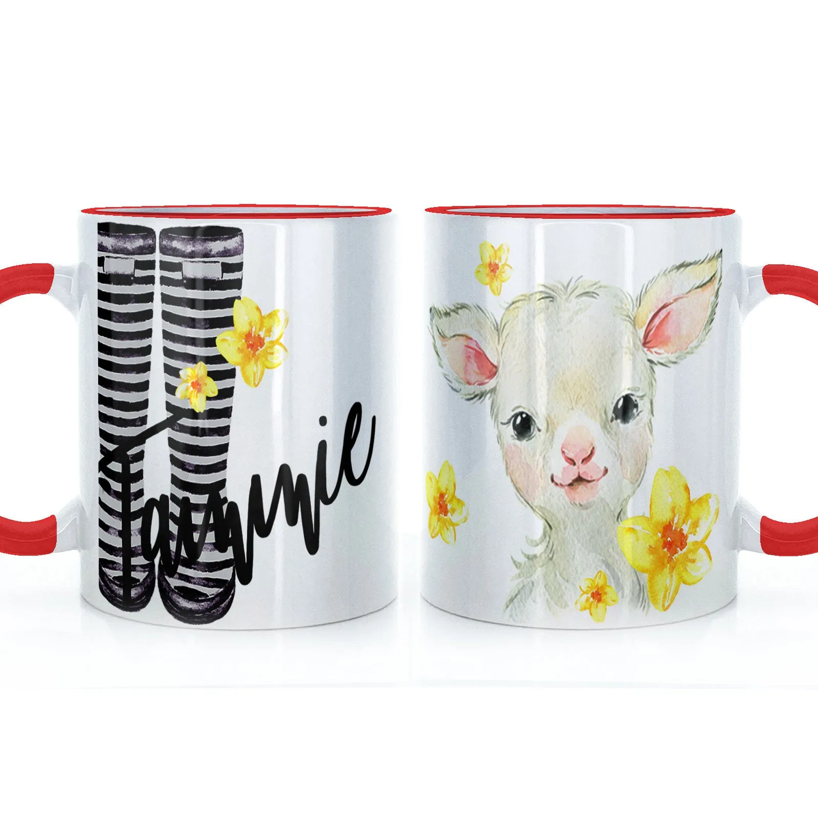 Personalised Mug with Stylish Text and Yellow Flower Lamb & Black Striped Wellies