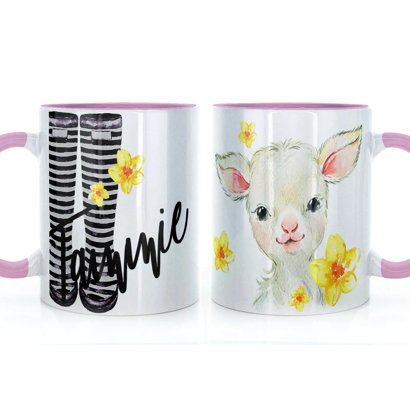 Personalised Mug with Stylish Text and Yellow Flower Lamb & Black Striped Wellies