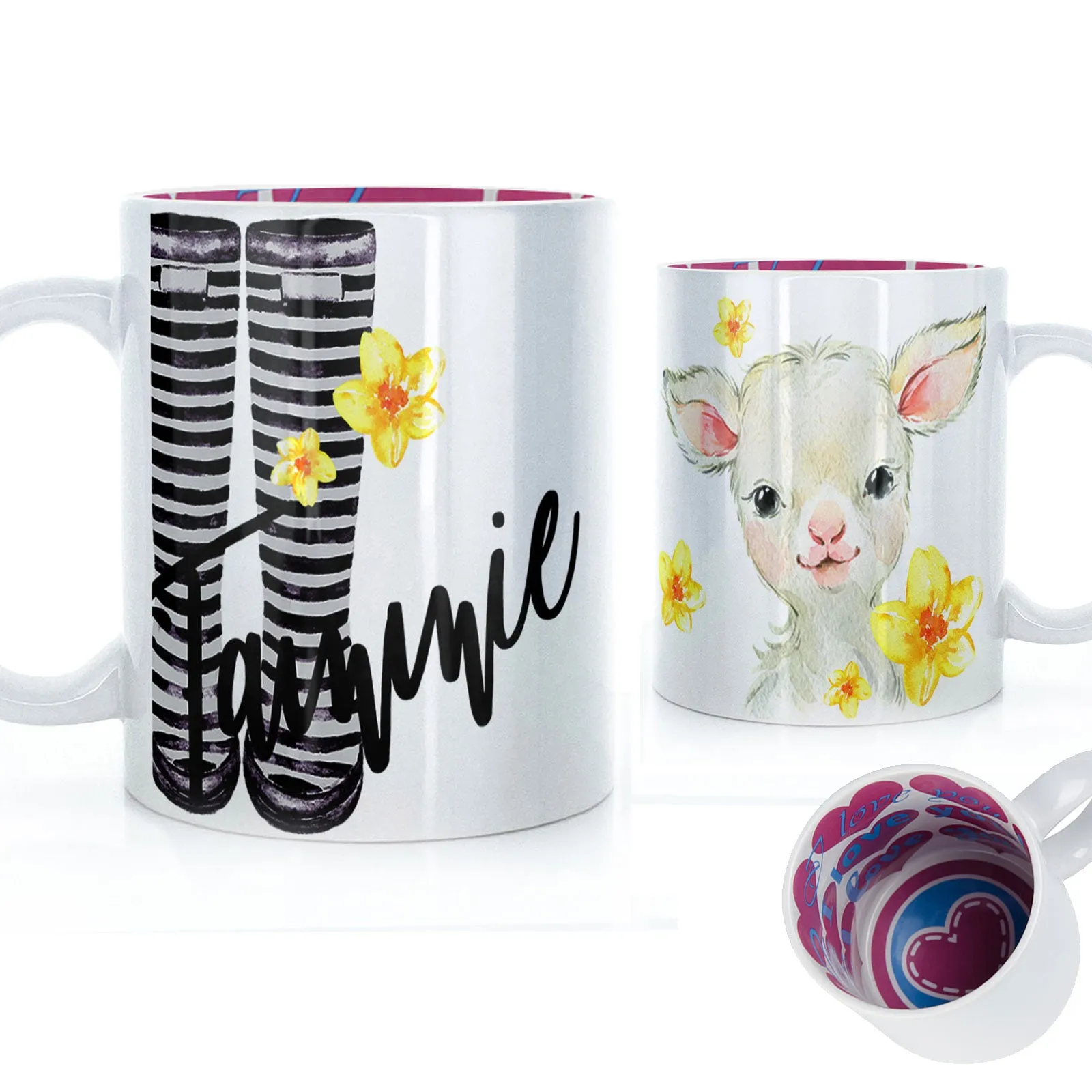 Personalised Mug with Stylish Text and Yellow Flower Lamb & Black Striped Wellies