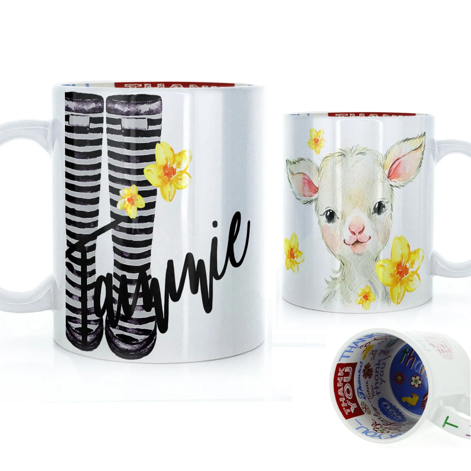 Personalised Mug with Stylish Text and Yellow Flower Lamb & Black Striped Wellies